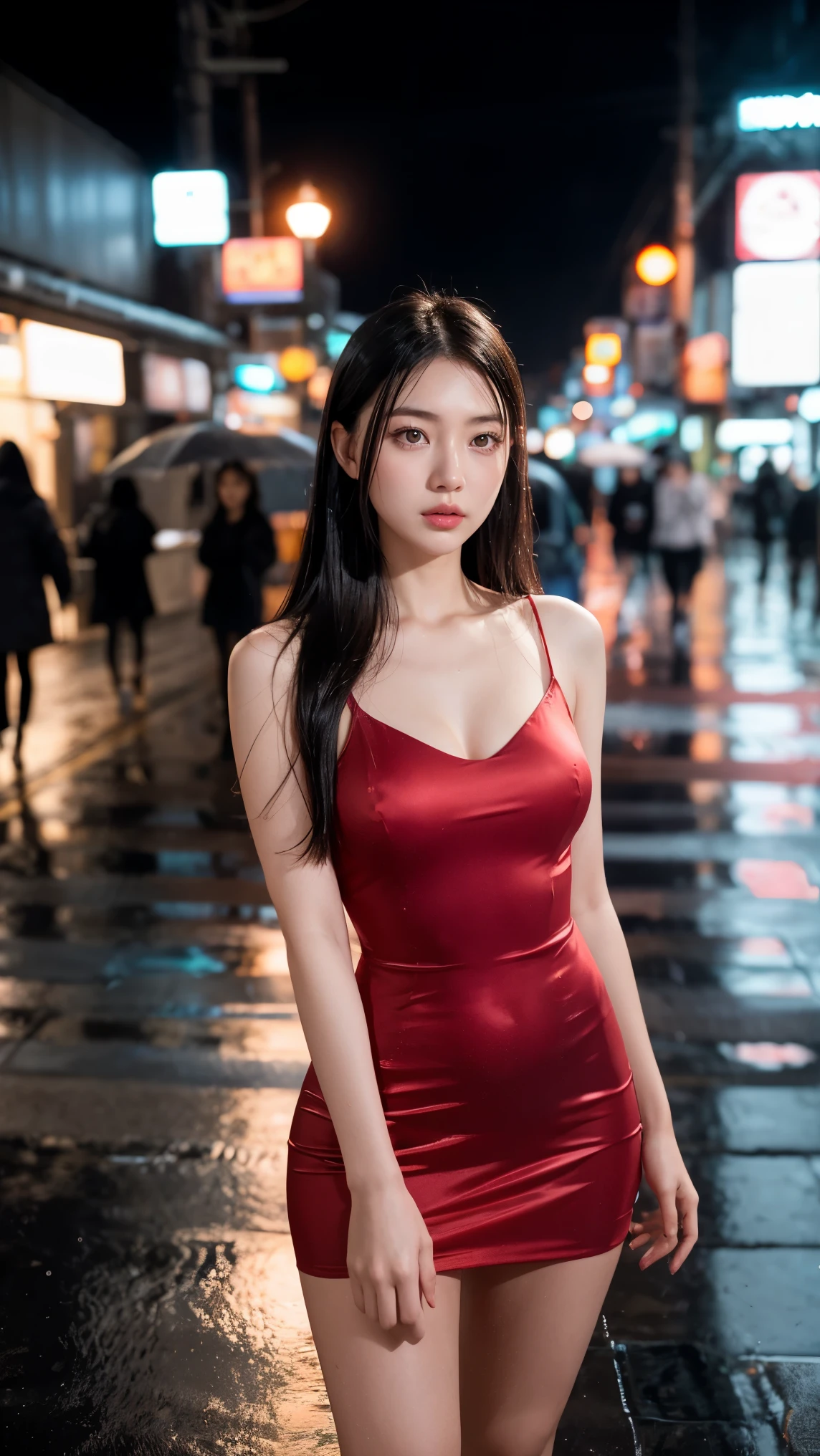 Here's a more detailed and varied prompt incorporating your specifications:
Generate an image of a solitary figure, a young Korean woman, standing alone on a rainy street corner in the heart of Seoul. She stands facing away from the viewer, her long dark hair damp and clinging to her skin, glistening in the glow of the lamppost overhead. The rain-slicked pavement reflects the neon lights of the city, casting a moody, cinematic atmosphere. The street is dimly lit, with the only illumination coming from the flickering lampposts and the occasional passing car. A soft lens flare adds a dreamlike quality to the scene, while the Tyndall effect creates a subtle halo around the distant streetlights.
The woman wears a stunning red silk dress that clings to her curves, the vibrant color standing out against the dark, rainy backdrop. The fabric shimmers slightly in the available light, adding to the ethereal beauty of the moment. Despite the rough texture of the wet pavement beneath her feet, her face remains focused and composed, her expression enigmatic as she gazes directly at the viewer with a hint of intrigue. Strands of hair fall across her face, partially obscuring her features and adding to the mysterious allure of the scene.
Captured in a cinematic style with a shallow depth of field, the image draws the viewer's attention to the woman's face, highlighting her natural beauty and confidence. Moody lighting enhances the atmosphere, evoking a sense of drama and anticipation. As she stands alone in the rain-soaked street, surrounded by the glow of neon lights and the soft patter of raindrops, she exudes an undeniable sense of strength and resilience, embodying the spirit of modern Seoul.