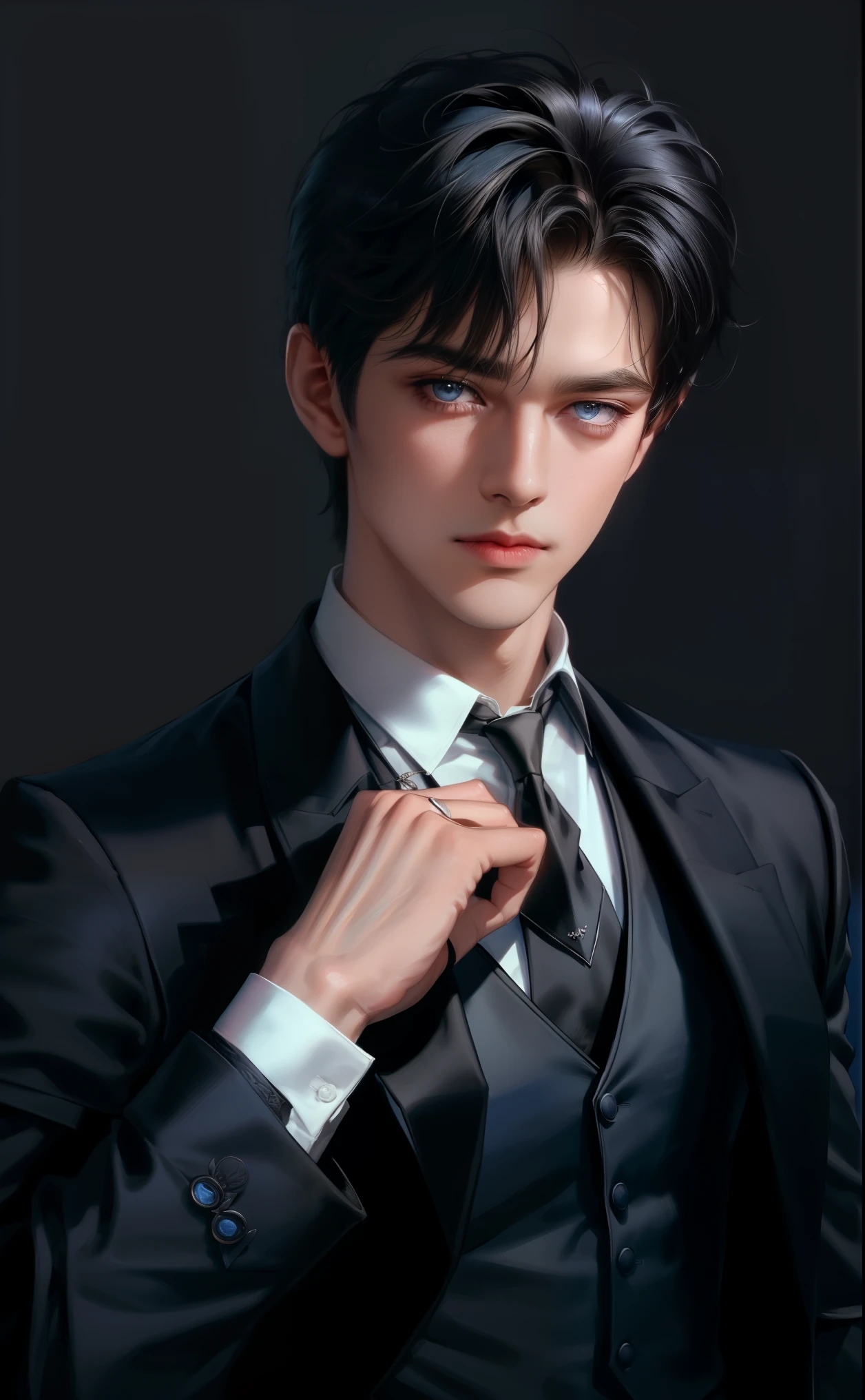 (masterpiece,best quality,ultra_detailed,highres,absurdres),1 mature male, 30-ish, (wide shoulder), (muscular), male focus, solo, short black Quiff hair with Soft Fringe (bangs part on side 3:7 ratio), chain, shirt, black necktie, necktie, simple background, blue eyes, upper body, vest, short hair, looking at viewer, no smile face, parted lips, collared shirt, round eyewear, long sleeves, hand on own shoulder, black shirt, blue background, white vest, monocle, jewelry.
