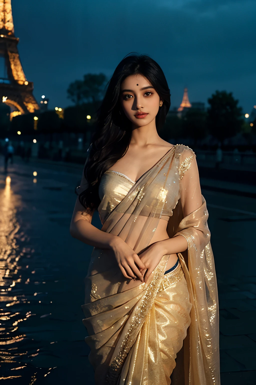 Title: "Enchanting Bangaldeshi Beauty before the Eiffel Tower"
Medium close-up photo: A breathtaking Bangaldeshi girl stands proudly before the iconic Eiffel Tower, the twilight reflection adding a mystical allure to the scene. The camera captures her exquisite essence in this fashion photography masterpiece.
She is dressed in an ethereal saree, intricately woven with a myriad of designs and colors that shimmer under the natural light. The saree drapes flawlessly against her body, revealing an inverted triangle shape that accentuates her allure.
Her long, black, w