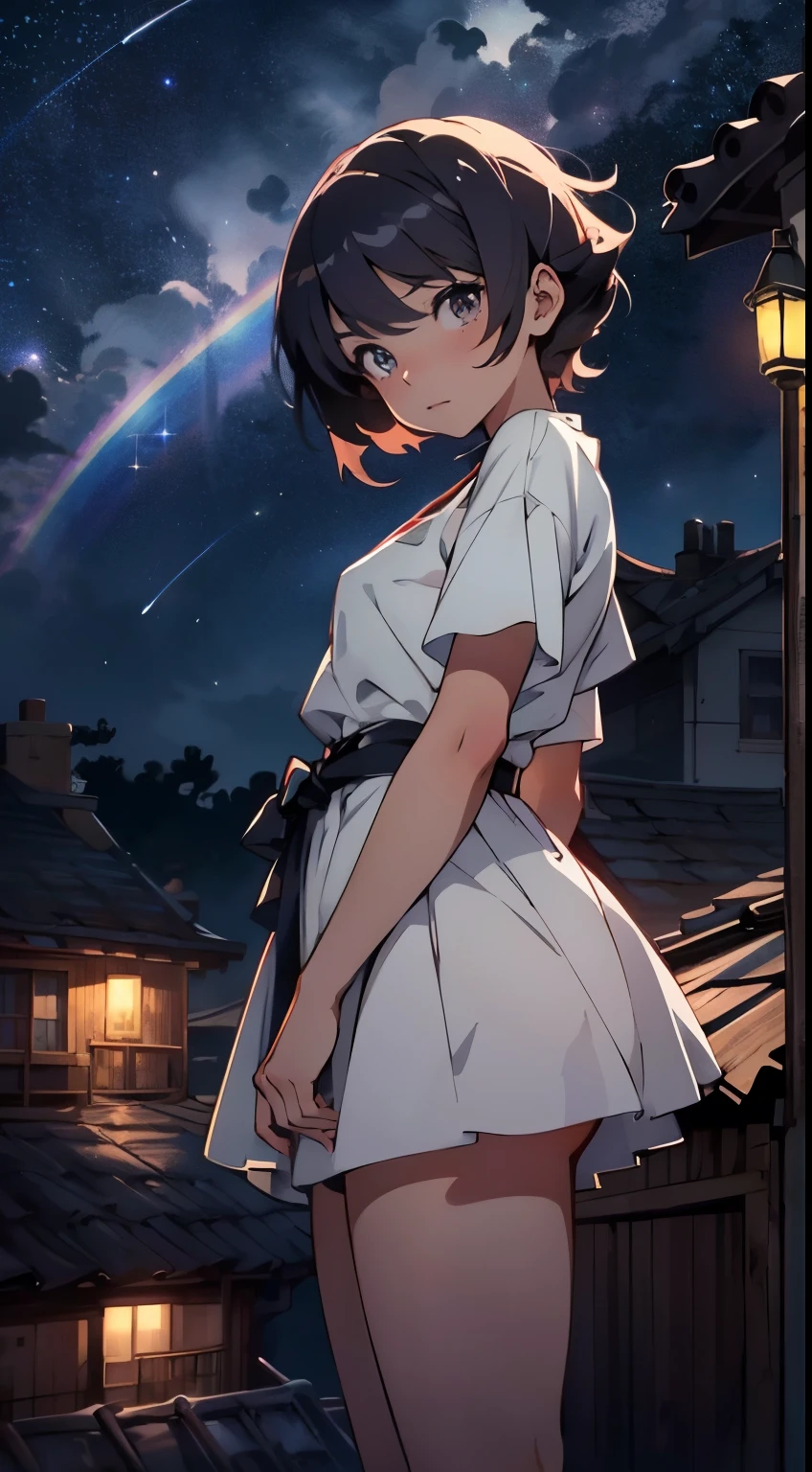 NSFW anime girl standing on rooftop looking at night sky with stars and rainbow, rainbow starry night, anime wallpaper 4k, anime wallpaper 4 k, 4k anime wallpaper, anime art wallpaper 8 k, anime art wallpaper 4k, anime art wallpaper 4 k, anime style 4 k, makoto shinkai cyril rolando, 4 k manga wallpaper, anime wallpaper, amazing wallpaper, shooting stars, (at night:1.7), (fisheyes lens:0.9)