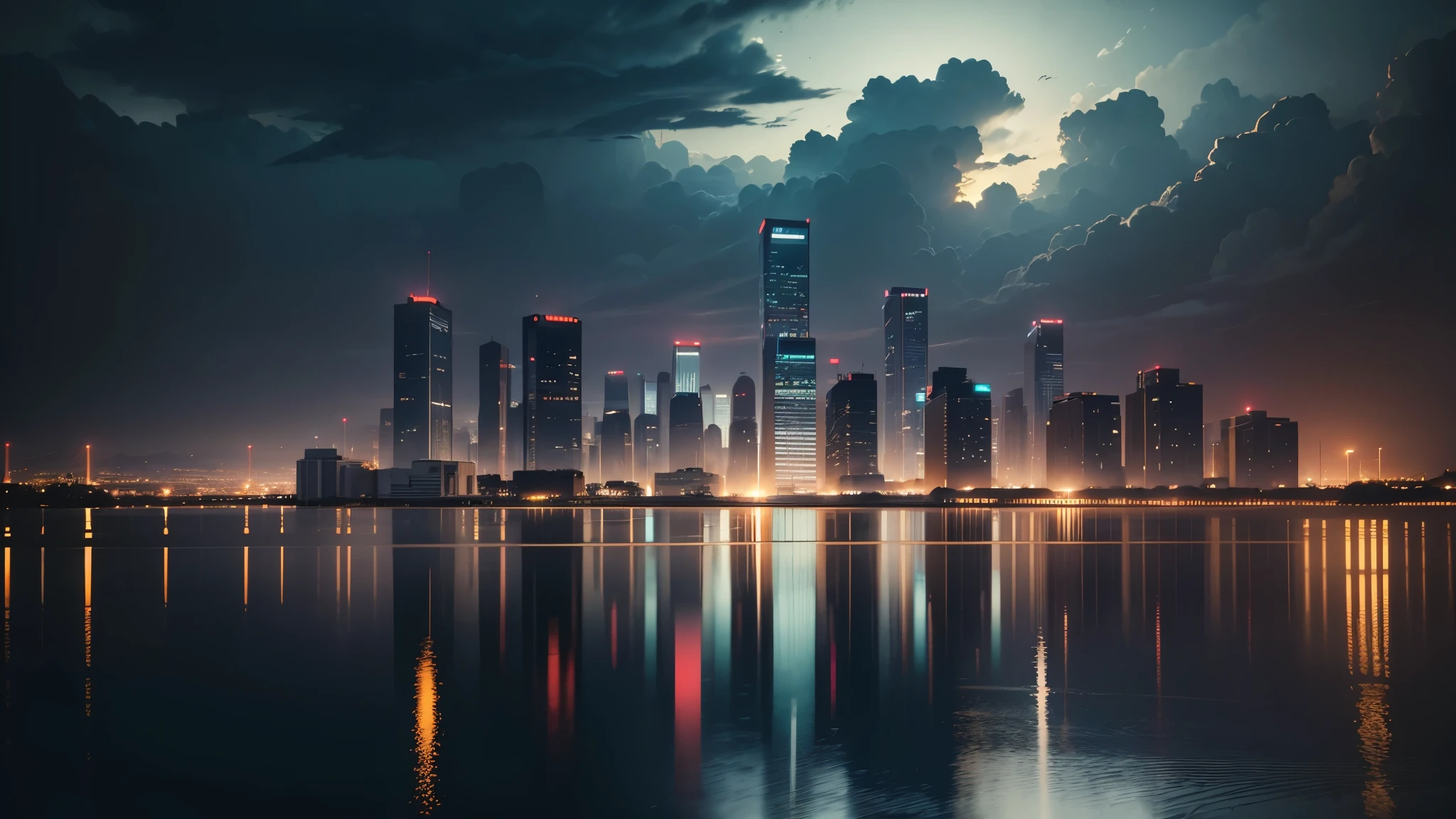 (masterpiece)), ((Best quality)), 8K, HD, Super Detail,modern city during night, city light, night city atmosphere, perfect reflections, perfect composition, beautiful detailed intricate insanely detailed octane render trending on artstation, 8 k artistic photography, photorealistic, soft natural volumetric cinematic perfect light, chiaroscuro, award - winning photograph, masterpiece, dark blue huge clouds, inspiring atmosphere