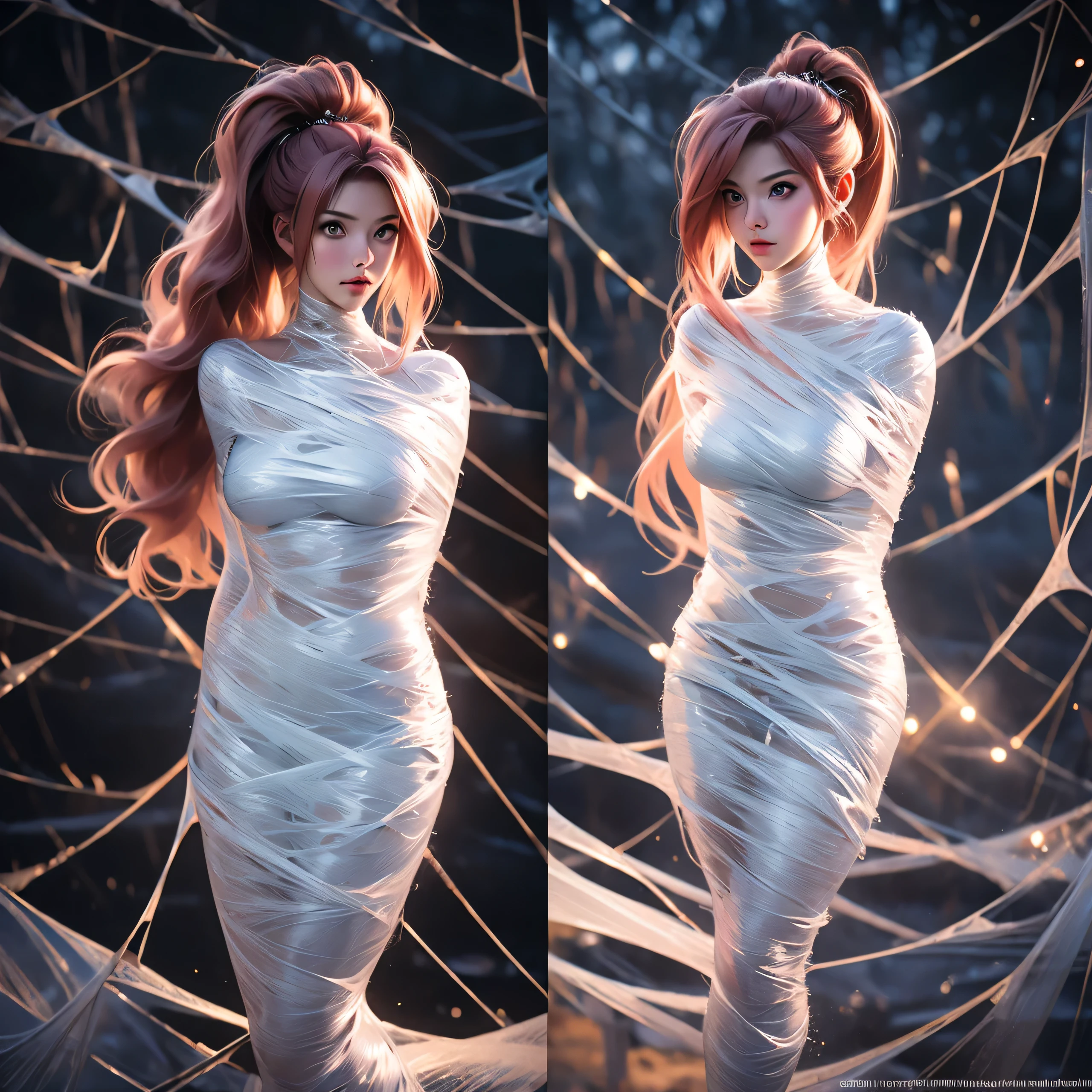 (RAW Photo, Best Quality), (Realistic, Photo Realistic: 1.3), Best Quality, Highly Detailed, Masterpiece, Hyperdetail, Illustration, 1 Girl, upper_body, Dynamic Angle, World Masterpiece Theater, Ore no Imoto ga konna ni kawaii wake ga nai, 25-yers-old girl with crimson red hair- pulled up into twin ponytails, wearing a latex mini dress with the city lights in the background sexy pose, standing, hands on hips, Best Quality, Extremely Detailed CG Unified 8k Wallpaper, Ink, Amazing, Cinematic Lighting, lens flare, sexy pose, (cocoon:1.3), spider web