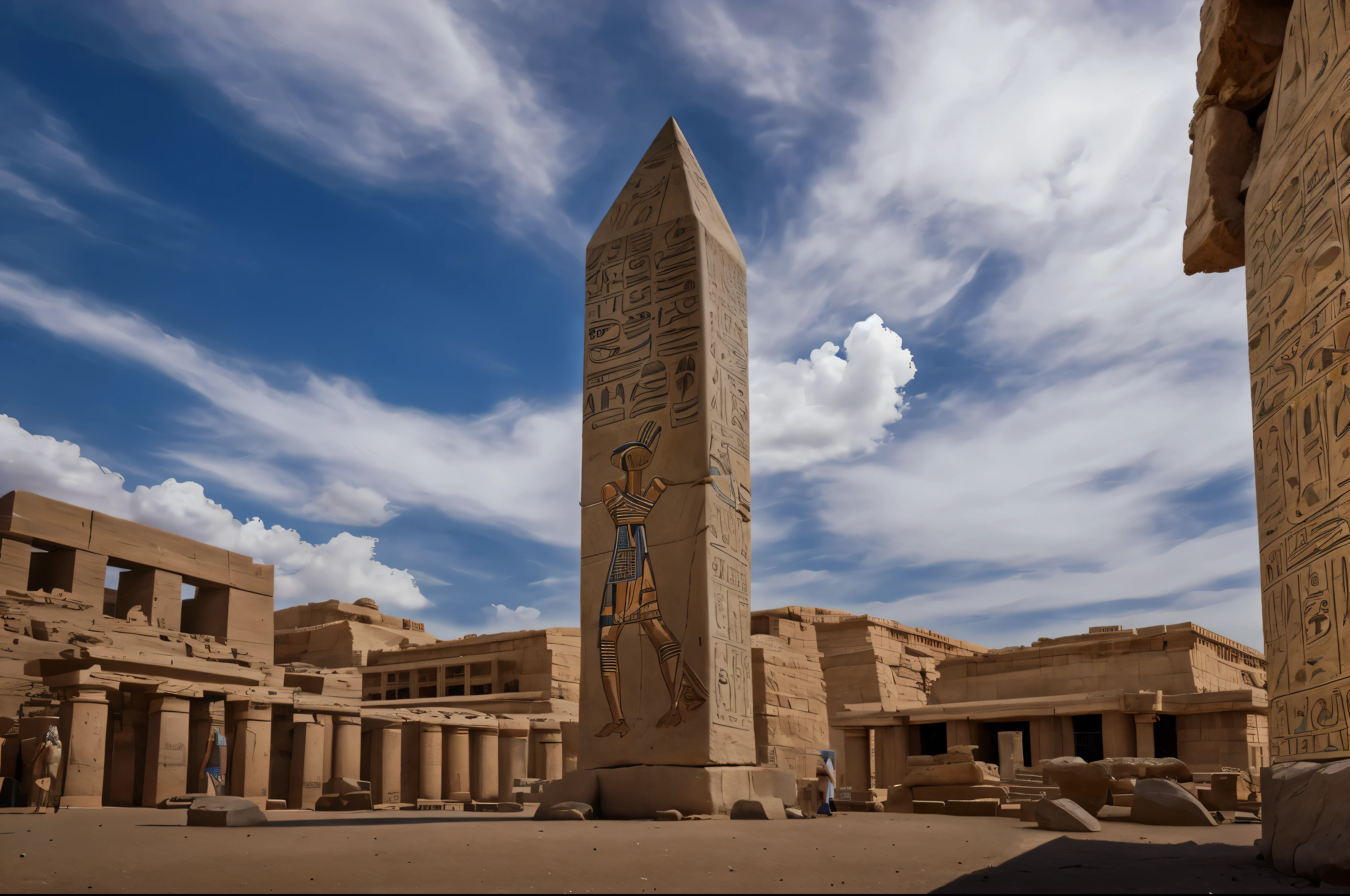An obelisk in an ancient egyptian square, 3000 BC, egypt, scorching sun, tents, history, very high detail, 4k