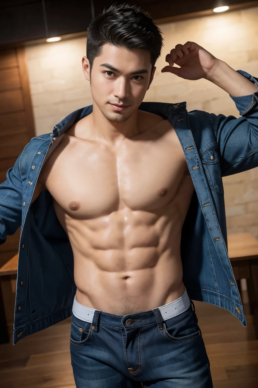 (8K, RAW photo, Highest quality),Realistic,1 man,frontage,Intricate details, smile, Closed mouth,Extremely detailed eyes and eyelashes,Delicate headgear,Muscular male,Manly,looks away, Male focus,Solo, wearing a jean jacket, button opened , Exposing the pectoral muscleposing a black thong panties,No shoe full bodyesbian,Night sky,Soft lighting,Cinematic lighting,Portrait,Close-up,Lovingly((The crotch is raised))