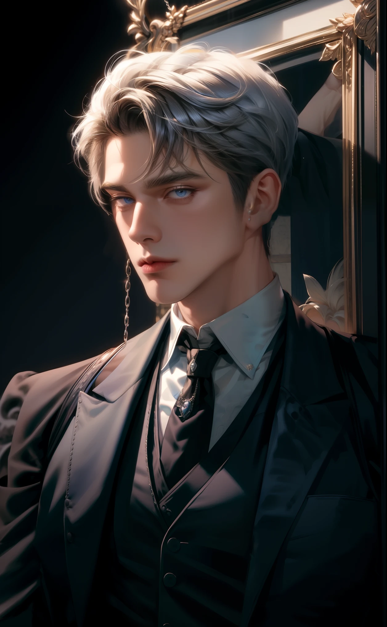 (masterpiece,best quality,ultra_detailed,highres,absurdres),1 mature male, 30-ish, (wide shoulder), (muscular), male focus, solo, short black Quiff hair with Soft Fringe (bangs part on side 3:7 ratio), chain, shirt, black necktie, necktie, simple background, blue eyes, upper body, vest, white short hair, looking at viewer, no smile face, parted lips, collared shirt, round eyewear, long sleeves, hand on own shoulder, black shirt, blue background, white vest, monocle, jewelry.
