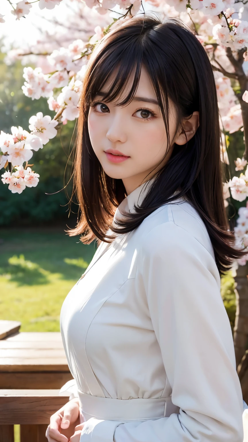 (logo、masterpiece、8k、table top、RAW photo、wonderful、最high quality、realistic、very detailed CG 統合 8k 壁紙、high quality、very detailed、narrative poem、particle effects、dynamic effects、Depth of the bounds written、cinematic light、Lens flare、ray tracing)、fantasy、 (1 A beautiful woman wearing a white coat、white dress、Japan Dresses、white cherry blossom pattern、black haired、beautiful face、real face、beautiful detailed eyes、beautiful skin)、Hair flutters in Wind、hair bounces、pink cherry tree、petals dance、SakuraFubuki、Spectacular view、sunrise、sun on background、Wind、god々、tooth、god話、vast land、