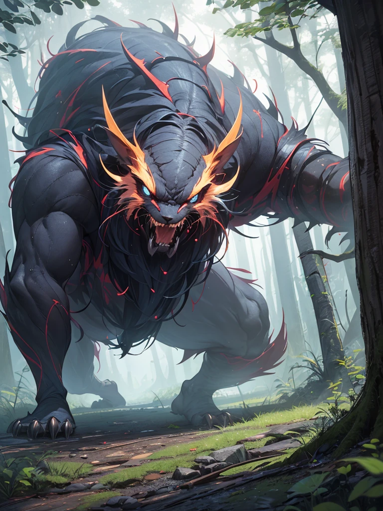 logo de um jogo rpg "Wilderfeast"a detailed fantasy rpg landscape PAIZAGEM A DISTANCIA DO HORIZONTE, rolling hills, dense forest,MONSTRO COLOSSAL, sunlit atmosphere, cinematic lighting, intricate details, stunning 4k resolution, hyperrealistic, highly detailed, masterp