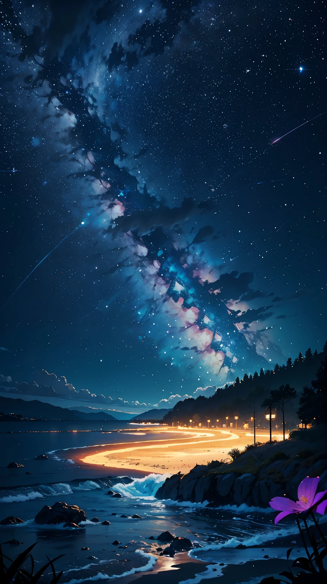 Parte Mestre, maravilhoso, Paisagem, (((no_Humanos))), noite, flor, Jardim, starry sky, constellations,((lua cheia)) , atordoante, vista, water, quente, aconchegante, peaceful, Meteoro, cosmic, Magia, Magia, particles, Justo, ((Pirilampos))
