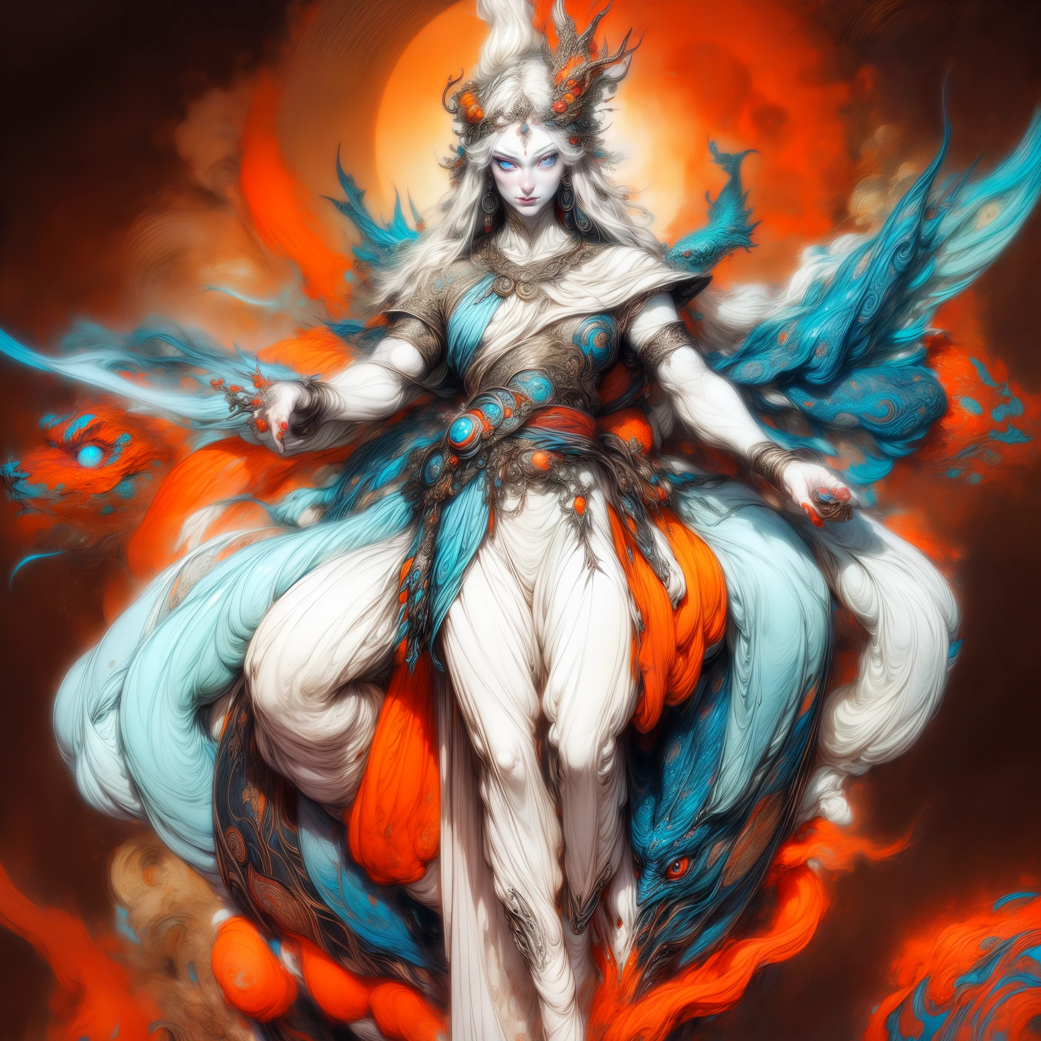 In a mystical realm, a phoenix gracefully spreads its wings, surrounded by swirling flames and glowing ashes. The bird's eyes glow with ancient wisdom as it prepares for its rebirth. The artwork should evoke a sense of enchantment and mystique, with a focus on the phoenix's ethereal presence. (gracefully spreads its wings:1.3), (swirling flames:1.4), (glowing ashes:1.3), (eyes glow with ancient wisdom:1.5), (mystical realm:1.3), (sense of enchantment and mystique:1.4), (focus on phoenix's ethereal presence:1.3), (highly detailed), (sharp focus), (photorealistic).(best quality,4k,8k,highres,masterpiece:1.2),ultra-detailed, HDR, 8k, absurdres, cinestill 800, sharp focus, add_detail:2, (solo, woman)