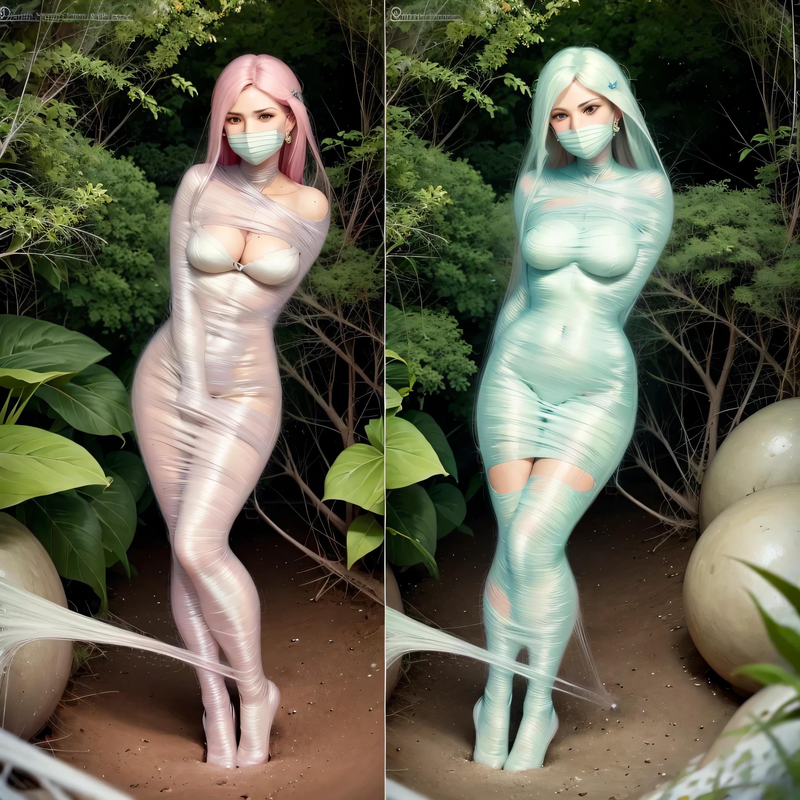 (best quality,4k,8k,highres,masterpiece:1.2),ultra-detailed,realistic,beautiful detailed eyes,beautiful detailed lips,pink hair,detailed legs,extremely detailed eyes and face,long eyelashes,,long satin gown,romantic atmosphere,dreamy setting,golden sunset,and groom in love,,veil gracefully flowing in the wind,vivid colors,soft and warm lighting,photorealistic,portrait, (gagged:1.4),lying on the ground