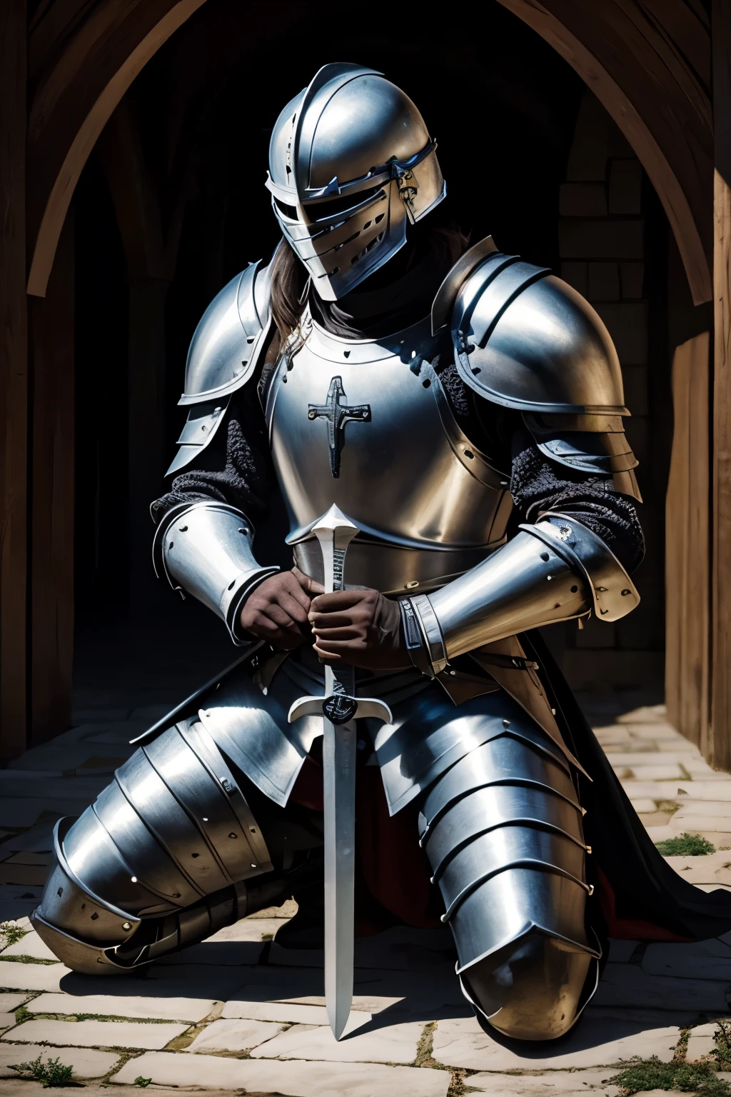 medieval knight, full plate armor, weilding a long sword, with helmet on, kneeling to a cross