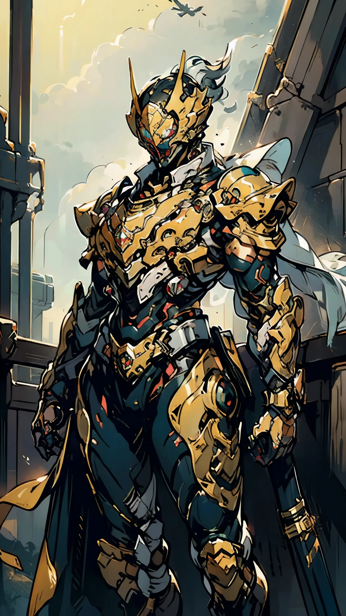 A woman adorned in fantasy-style full-body armor, a crown-concept fully enclosed helmet that unveils only her eyes, a composite layered chest plate, fully encompassing shoulder and hand guards, a lightweight waist armor, form-fitting shin guards, the overall design is heavy-duty yet flexible, (the armor gleams with a golden glow, complemented by red and blue accents), exhibiting a noble aura, she floats above a fantasy-surreal high-tech city, this character embodies a finely crafted fantasy-surreal style armored hero in anime style, exquisite and mature manga art style, (mixture of Queen bee and Spider concept Armor, plasma), ((Element, elegant, goddess, femminine:1.5)), metallic, high definition, best quality, highres, ultra-detailed, ultra-fine painting, extremely delicate, professional, anatomically correct, symmetrical face, extremely detailed eyes and face, high quality eyes, creativity, RAW photo, UHD, 32k, Natural light, cinematic lighting, masterpiece-anatomy-perfect, masterpiece:1.5