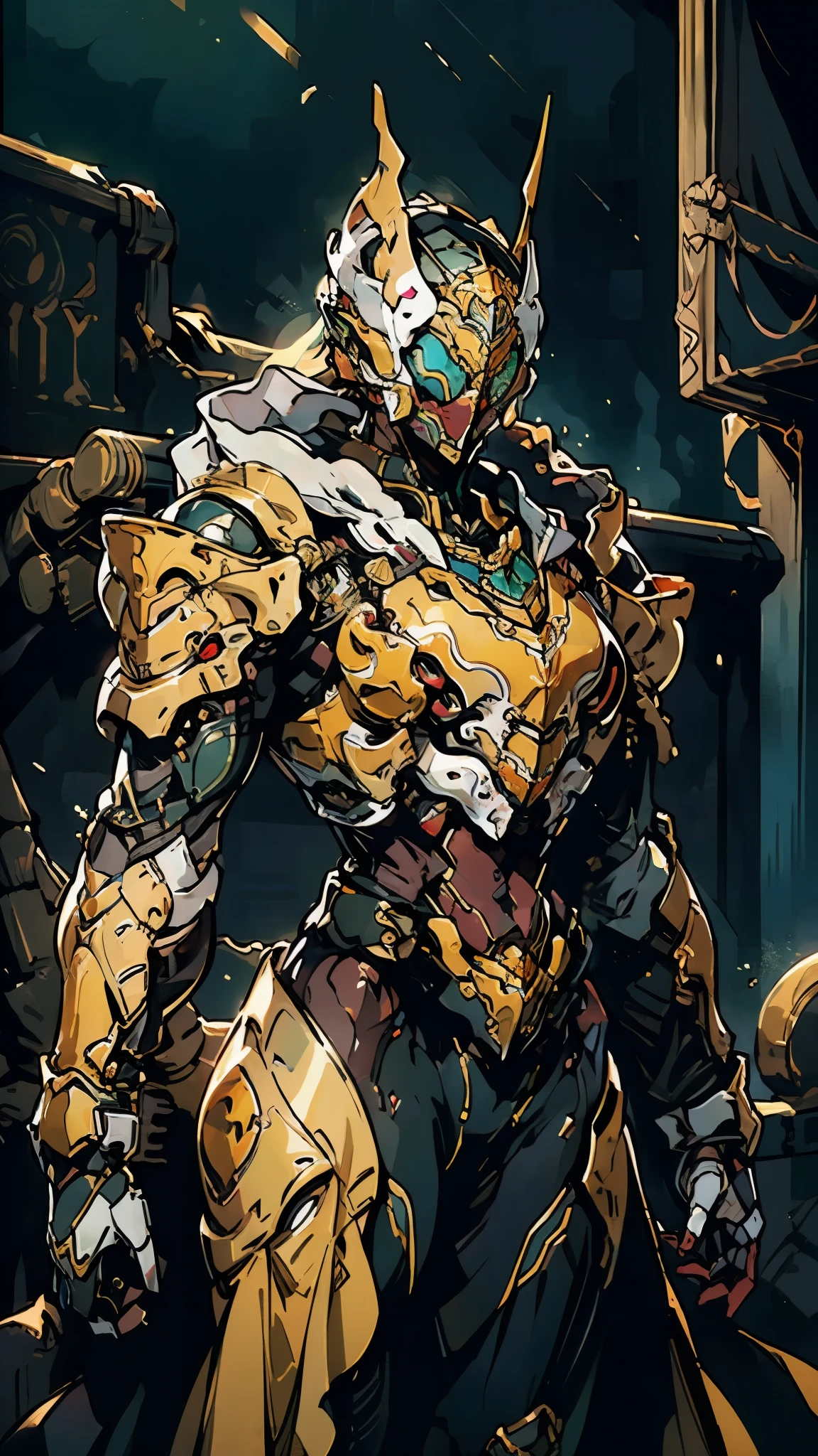A woman adorned in fantasy-style full-body armor, a crown-concept fully enclosed helmet that unveils only her eyes, a composite layered  plate, fully encompassing shoulder and hand guards, a lightweight waist armor, form-fitting shin guards, the overall design is heavy-duty yet flexible, (the armor gleams with a golden glow, complemented by red and blue accents), exhibiting a noble aura, she floats above a fantasy-surreal high-tech city, this character embodies a finely crafted fantasy-surreal style armored hero in anime style, exquisite and mature manga art style, (mixture of Queen bee and Spider concept Armor, plasma), ((Element, elegant, goddess, femminine:1.5)), metallic, high definition, best quality, highres, ultra-detailed, ultra-fine painting, extremely delicate, professional, anatomically correct, symmetrical face, extremely detailed eyes and face, high quality eyes, creativity, RAW photo, UHD, 32k, Natural light, cinematic lighting, masterpiece-anatomy-perfect, masterpiece:1.5