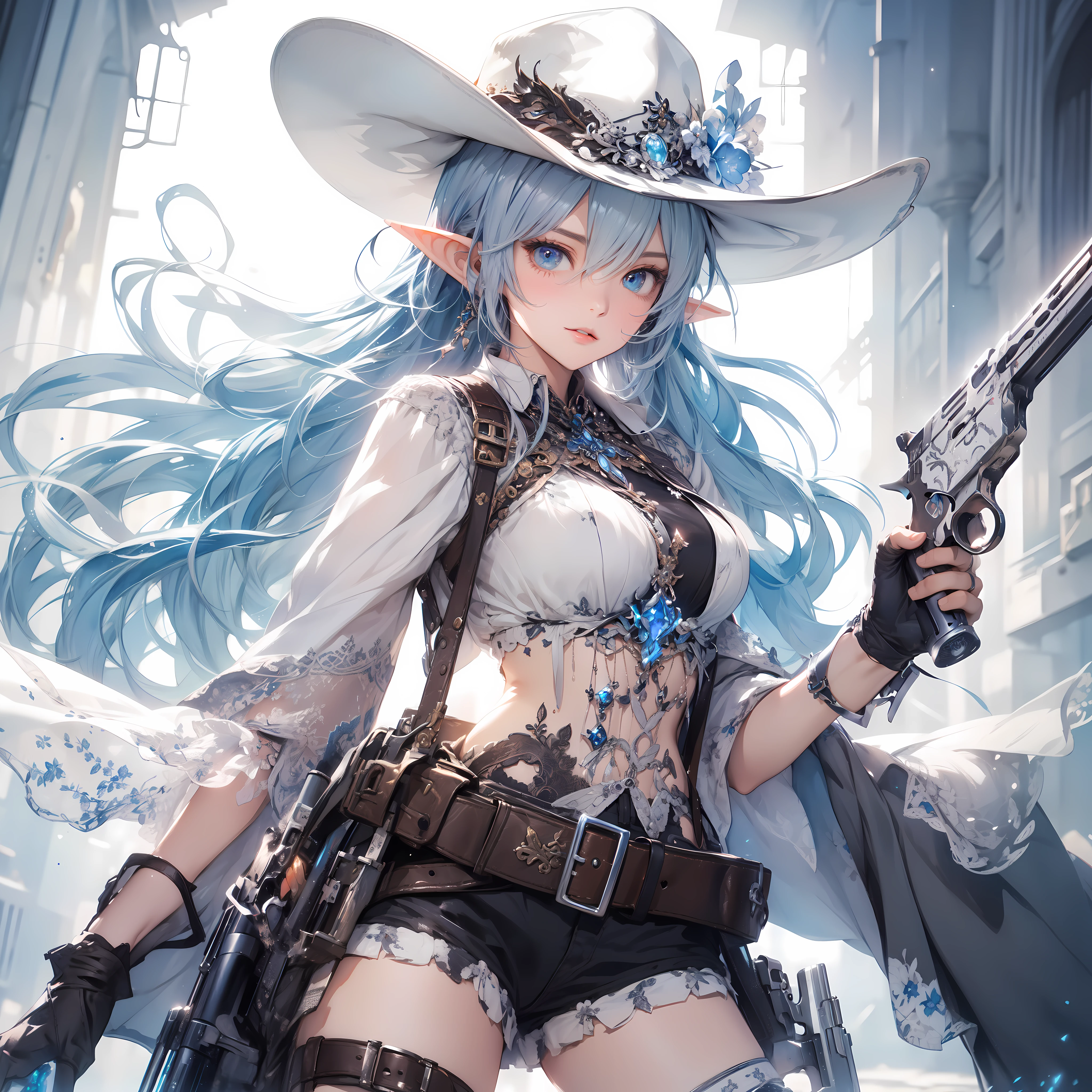 A depiction of a sweet elf girl standing in the world of cowboys, with a gun in hand, (cowboy world setting), style by mikimoto Haruhiko , full body, dynamic pose, perfect anatomy, centered, approach to perfection, cell shading, 8k, cinematic dramatic atmosphere, watercolor painting, Cinematic lighting