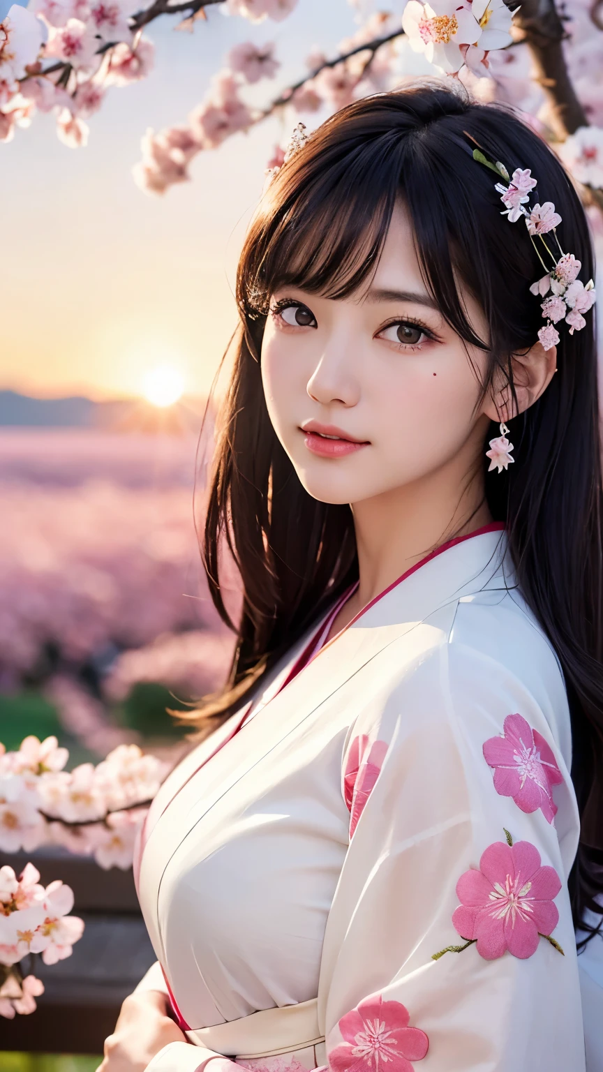 (logo、masterpiece、8k、table top、RAW photo、wonderful、最high quality、Photorealistic and hvery detailed CG integrated 8k wallpaper、high quality、very detailed、narrative poem、particle effects、dynamic effects、Depth of the bounds written、cinematic light、Lens flare、ray tracing)、fantasy、 (1 beautiful woman、white kimono、Japan Dresses、white cherry blossom pattern、White cherry blossom embroidery pattern、black haired、beautiful face、real face、beautiful details eyes beautiful skin)、Hair flutters in Wind、hair bounces、pink cherry tree、petals dance、SakuraFubuki、Spectacular view、sunrise、sun on background、Wind、god々、tooth、god話、vast land、
