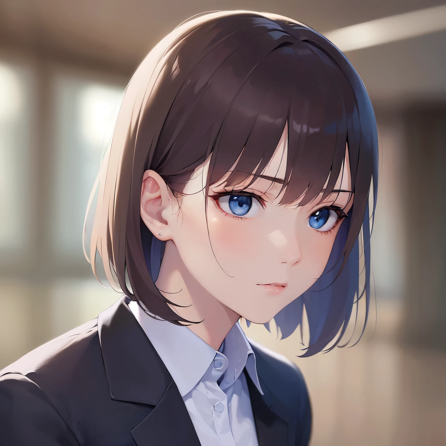 (looking away:1.5), side angle, Upper Body, Realistic, real person, (pale skin: 1.2), RAW photo, photorealistic, portrait photography, shiny skin, japanese idol、shiny hair、(A 25-year-old woman with a bob cut and brown bangs.) and (blue eyes), wearing a gray suit, White Shirt with collar 、No expression、The background is an office、Alone