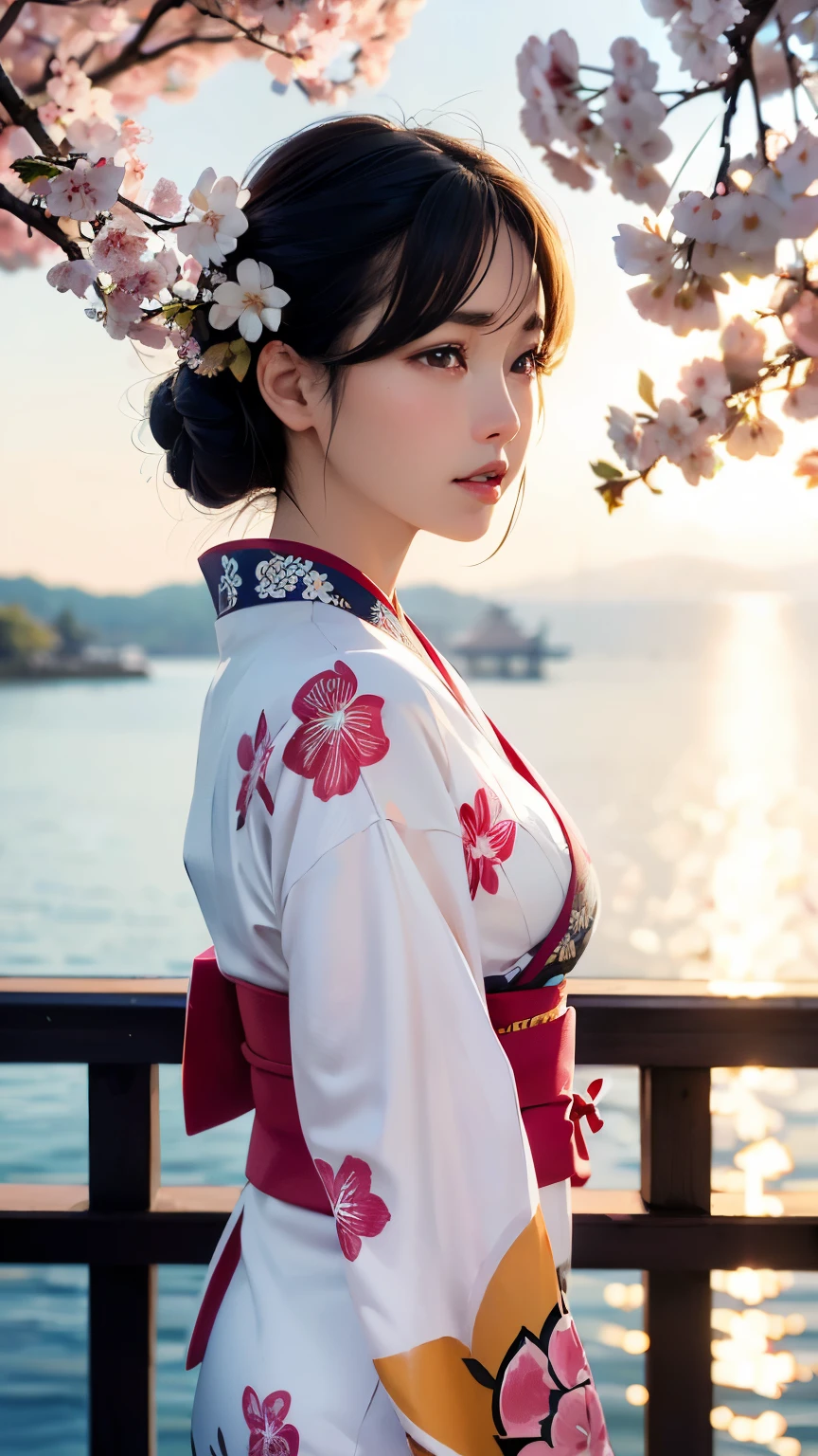 (logo、masterpiece、8k、table top、RAW photo、wonderful、最high quality、realistic、very detailed CG 統合 8k 壁紙、high quality、very detailed、narrative poem、particle effects、dynamic effects、Depth of the bounds written、cinematic light、Lens flare、ray tracing)、fantasy、 (1 beautiful woman、white kimono、Japan Dresses、white cherry blossom pattern、White cherry blossom embroidery pattern、black haired、beautiful face、real face、beautiful detailed eyes、beautiful skin)、Hair flutters in Wind、hair bounces、pink cherry tree、petals dance、SakuraFubuki、Spectacular view、sunrise、sun on background、Wind、god々、tooth、god話、vast land、