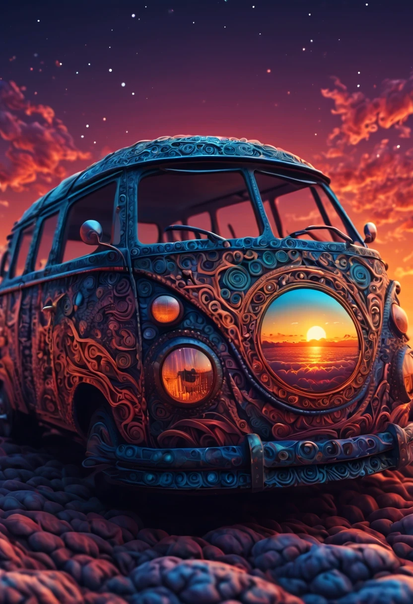 (best quality, highres), magical sunset in a magical spacecar, Zentangle bodywork, detailed background, ultra sharp focus, 3d crunch, cinematic,