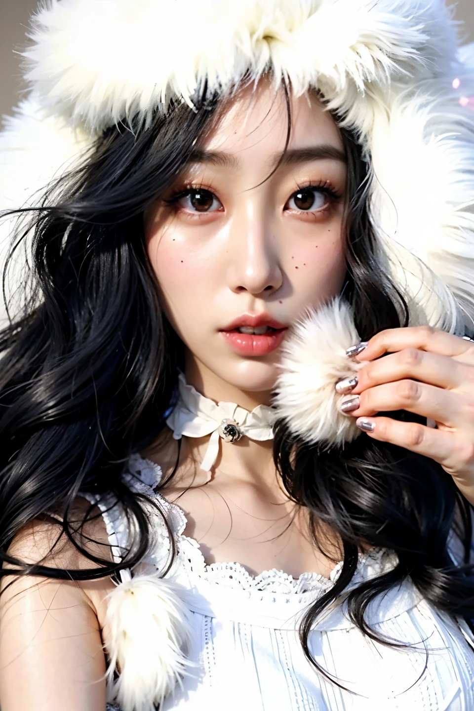 araffe girl with long black hair wearing a white hat and a white dress, ulzzang, wan adorable korean face, pale snow white skin, young adorable korean face, korean girl, cruel korean goth girl, popular south korean makeup, popular korean makeup, pale milky white porcelain skin, young cute wan asian face, kawaii realistic portrait, very beautiful cute catgirl, Blackpink Rosé, Twice Nayeon, Twice Sana