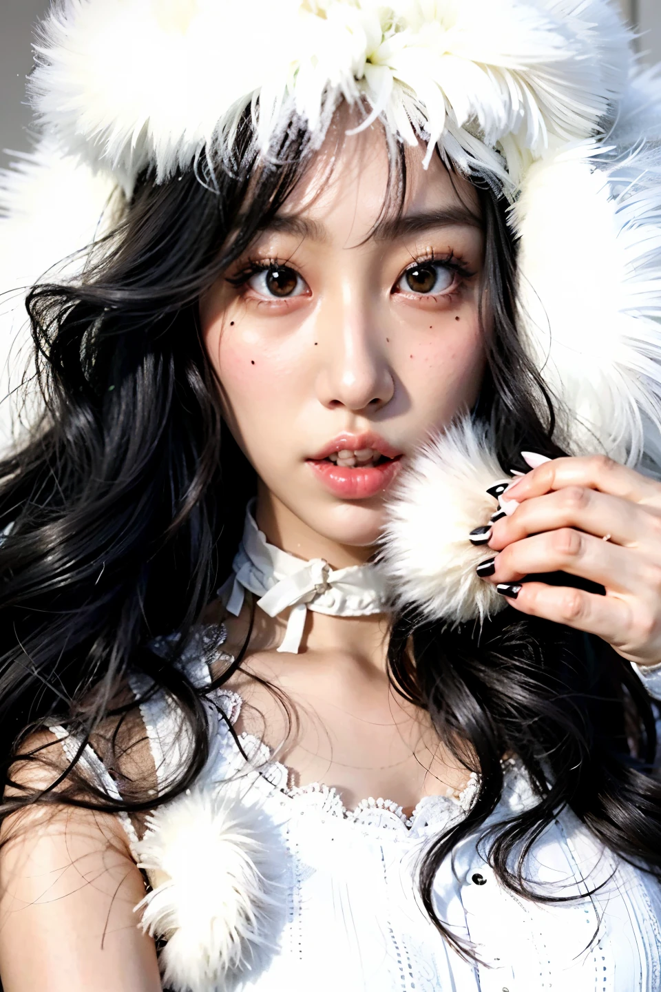 araffe girl with long black hair wearing a white hat and a white dress, ulzzang, wan adorable korean face, pale snow white skin, young adorable korean face, korean girl, cruel korean goth girl, popular south korean makeup, popular korean makeup, pale milky white porcelain skin, young cute wan asian face, kawaii realistic portrait, very beautiful cute catgirl, Blackpink Rosé, Twice Nayeon, Twice Sana