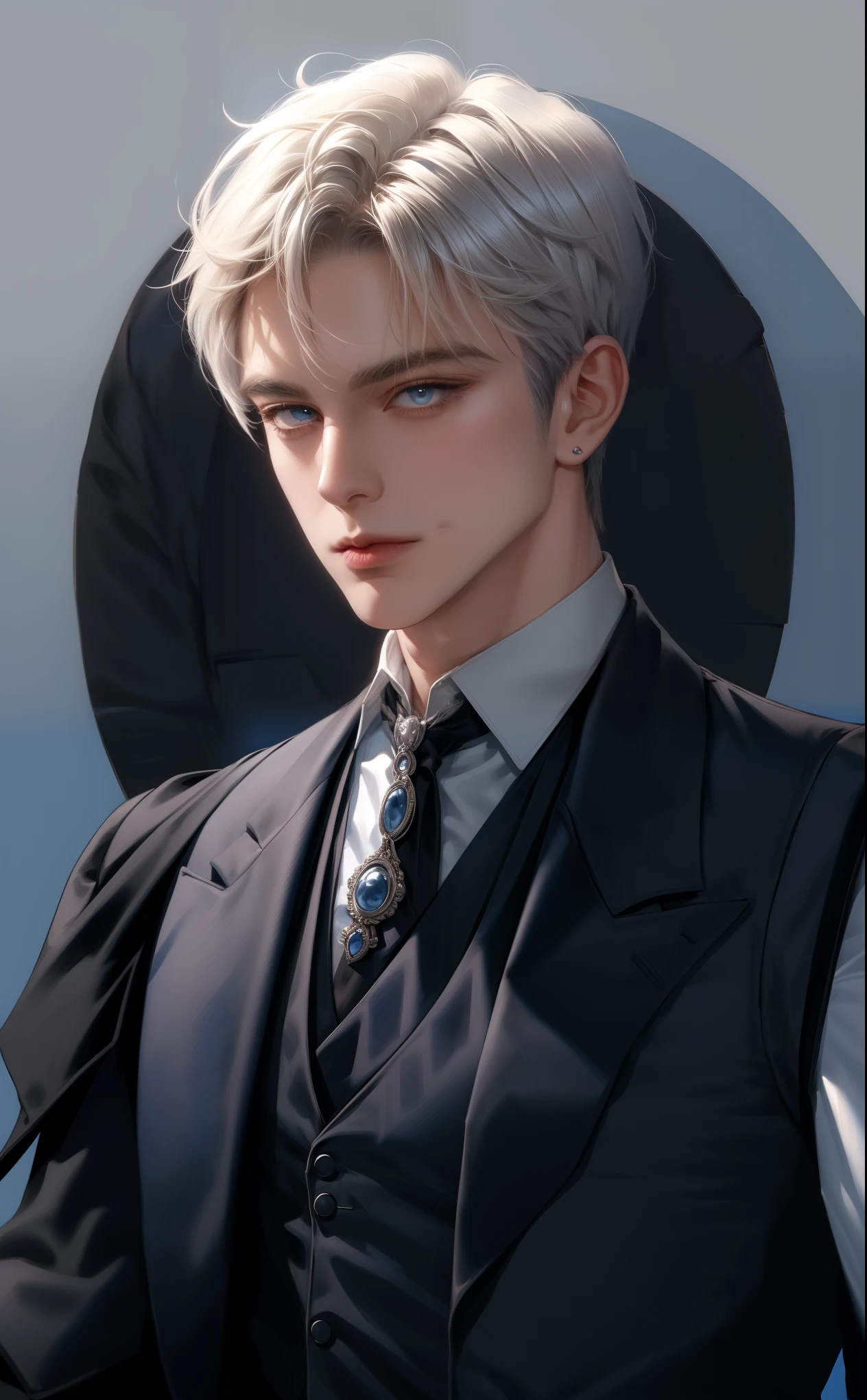 (masterpiece,best quality,ultra_detailed,highres,absurdres),1 mature male, 30-ish, (wide shoulder), (muscular), male focus, solo, short black Quiff hair with Soft Fringe (bangs part on side 3:7 ratio), chain, shirt, black necktie, necktie, simple background, blue eyes, upper body, vest, white short hair, looking at viewer, no smile face, parted lips, collared shirt, round eyewear, long sleeves, hand on own shoulder, black shirt, blue background, white vest, monocle, jewelry.