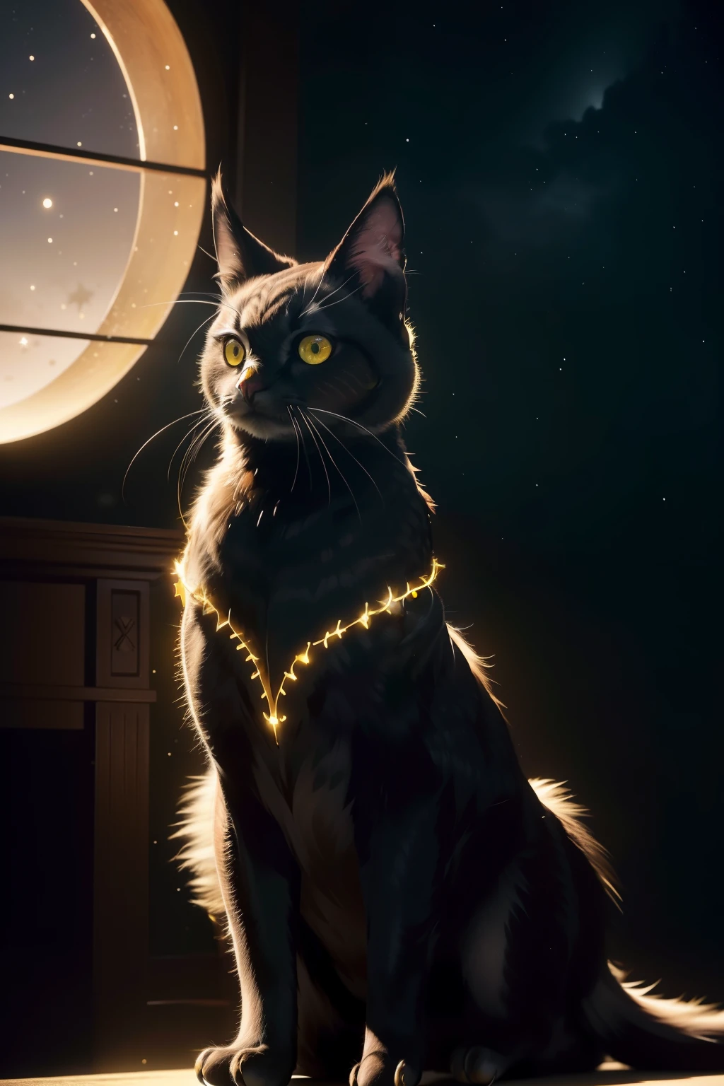 Masterpiece, Best Quality, realistic, photorealistic, high contrast, (photorealistic:1.4), 8k high definition, detailed, black cat sitting on a windowsill, (((night time)), (hazy fog)), (((stars twinkling in the background))), ((long fur, pointed ears, green eyes, sleek body)), (((piercing yellow eyes, glowing in the dark)), (owl-like features, agile pose)), ultra-sharp, ultra-detailed, cinematic lighting, 1 cat, unified 8k wallpaper, very fine 8KCG wallpaper, (Slinky movements, mysterious demeanor), (((M