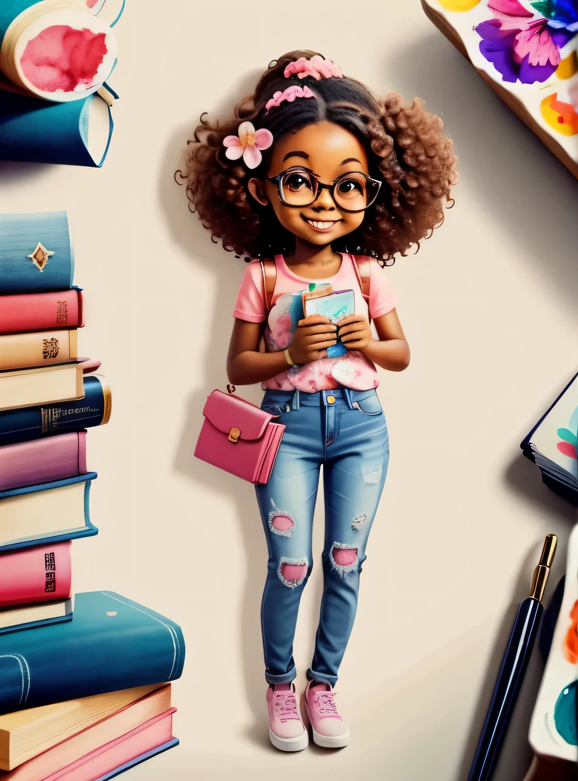 Create a 3D illustration of a with dark skin, curly hair and a bow sitting with a book in her hand and a pink backpack with shoes on