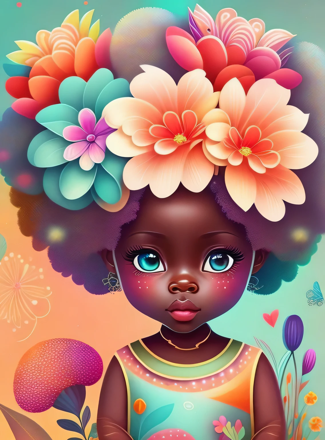 the colorida abstract of cute little afro fairy and flowers, (colorida,altamente detalhado,arte vetorial)