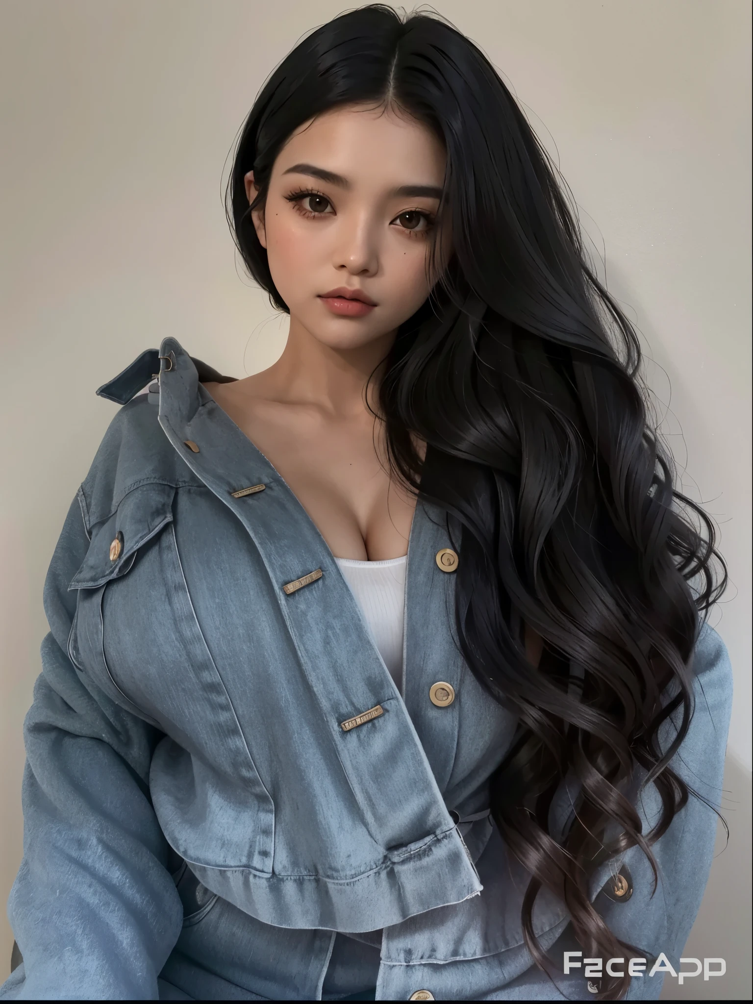 a closeup of an asian woman with long hair and big breasts, vistiendo una chaqueta vaquera, pelo largo y negro ondulado, long pelo negro ondulado, pelo largo y oscuro y ondulado, cabello grueso y oscuro, pelo negro ondulado, asian girl wavy black hair, pelo largo y negro con curvas, pelo negro largo ondulado, maravilloso cabello oscuro, modelo de instagram, hermoso cabello ?????, mujer con pelo largo y negro, pelo largo atractivo