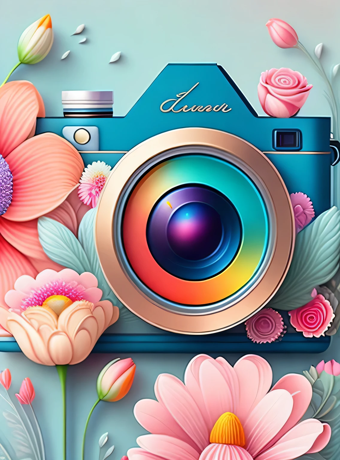 the colorida abstract of camera, flores, (colorida,altamente detalhado,arte vetorial), Cores pastel