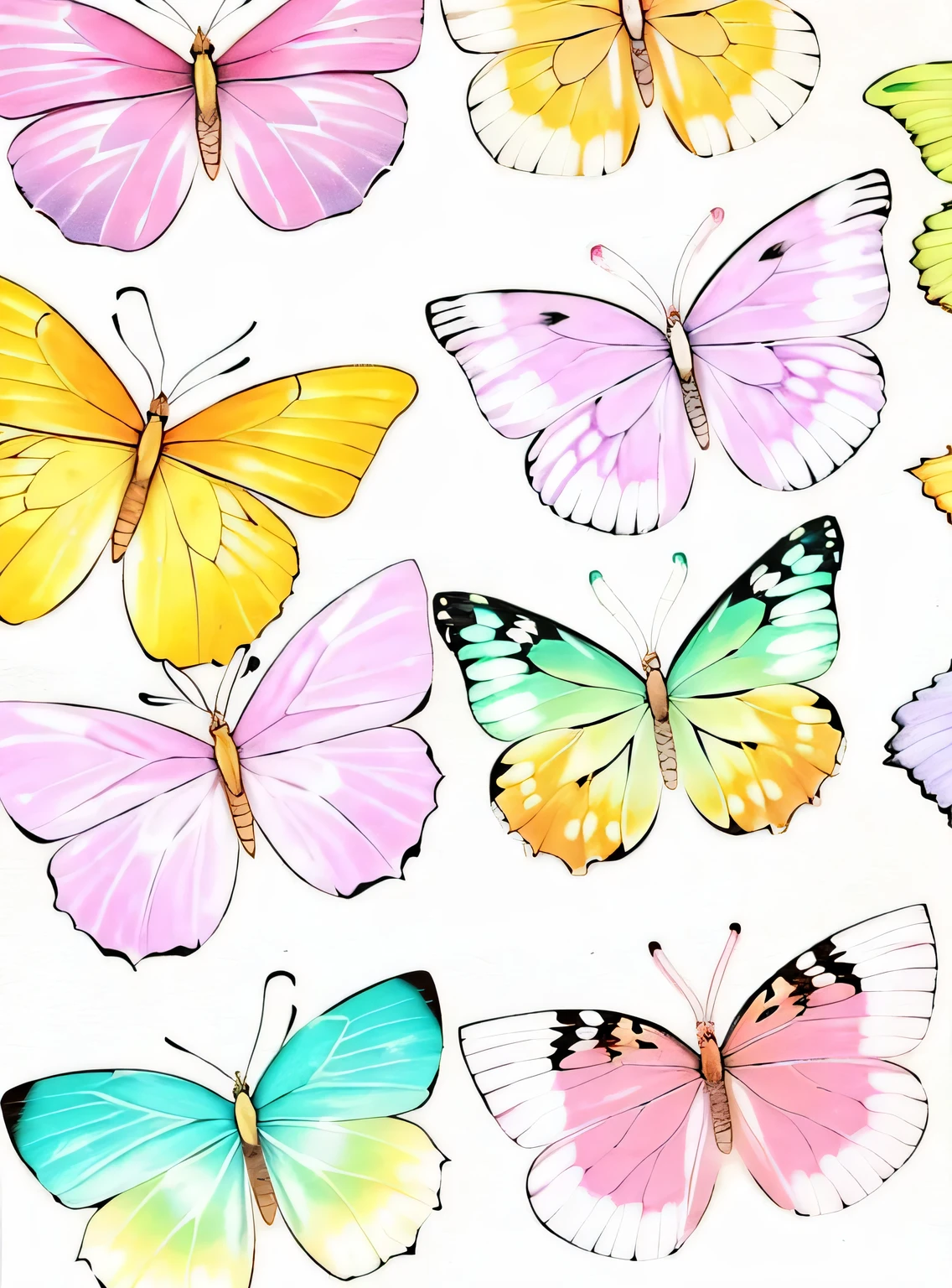 Close-up de borboletas pintando em fundo branco, borboletas manchadas, fundo de borboletas pastel, borboletas macias, borboletas no fundo, borboletas irregulares, arte simples pastel, Fundo de flor, borboletas coloridas, opulento, flores ao redor, motivos flor power, flor florescer, flores estilizadas, fundo pastel, flor, fundo suave, pictorial stylized