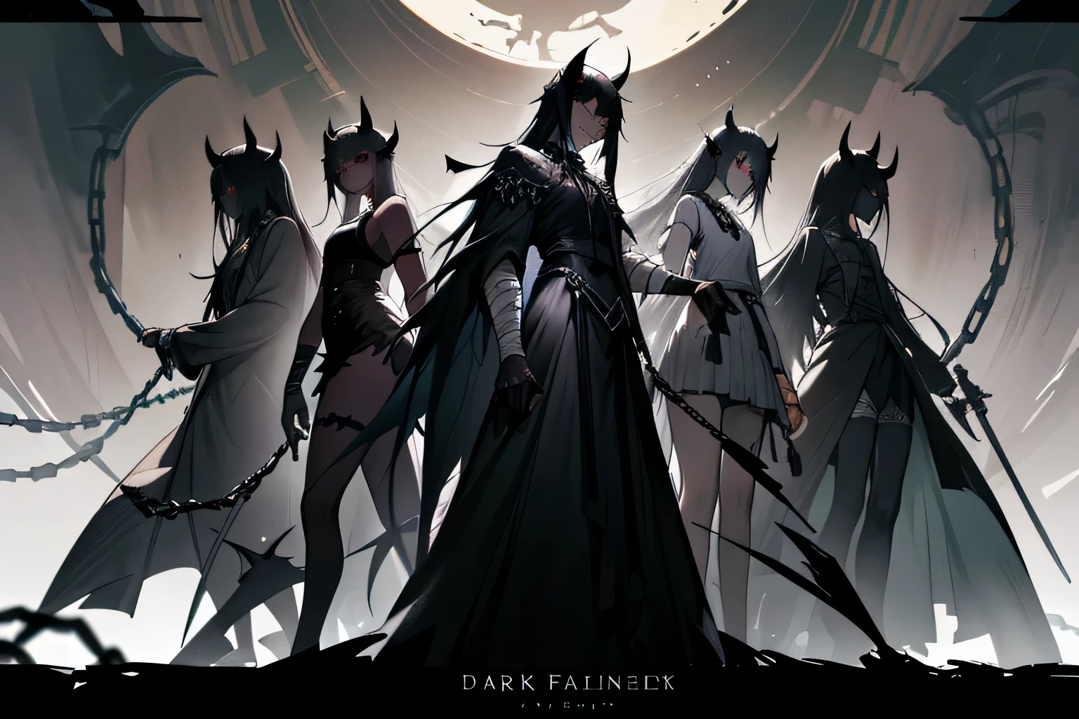 (((dark fantasy art))), ((Character Design Sheet)), demon girl, ((black skin)), dark black skin, black skin, (ash skin), very long gray hair, ((chains and sickles)), (many pale bandages), (multiple poses), (multiple expressions), less clothing, short clothing, cold lights, highly detailed art, extremely detailed