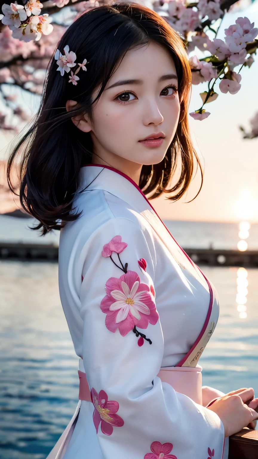(logo、masterpiece、8k、table top、RAW photo、wonderful、最high quality、Photorealistic and hvery detailed CG integrated 8k wallpaper、high quality、very detailed、narrative poem、particle effects、dynamic effects、Depth of the bounds written、cinematic light、Lens flare、ray tracing)、fantasy、 (1 beautiful woman、white kimono、Japan Dresses、white cherry blossom pattern、White cherry blossom embroidery pattern、black haired、beautiful face、real face、beautiful details eyes beautiful skin)、Hair flutters in Wind、hair bounces、pink cherry tree、petals dance、SakuraFubuki、Spectacular view、sunrise、sun on background、Wind、god々、tooth、god話、vast land、
