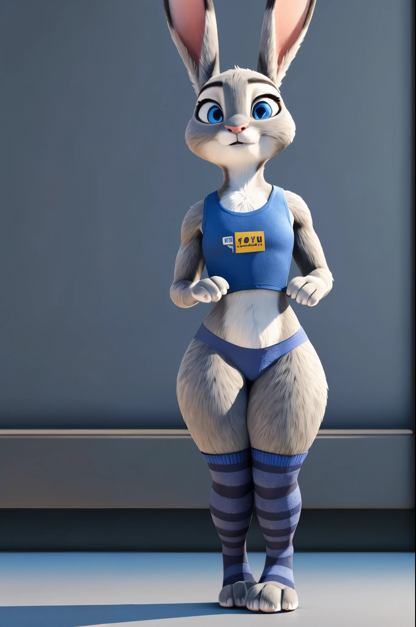 3d,8k,judy hopps,realistic fur,thick paws,panties,long socks with patterns,thick thighs,standing,bright blue eyes,masterpiece HIFI,thick thighs