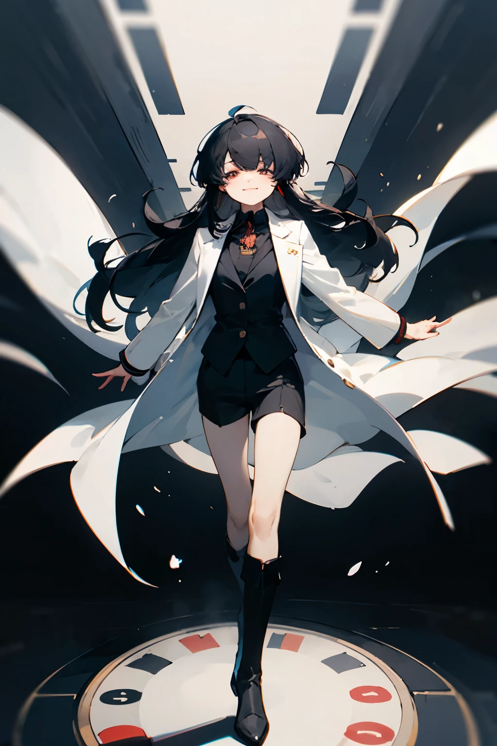 Hashcut,outside spring,bangs center parting,black hair,black suit,Like casino staff,Shorts,white coat,black boots,Drooping eyes,Round eyes,White eyes,smile,cute,White base,whole body,1 person