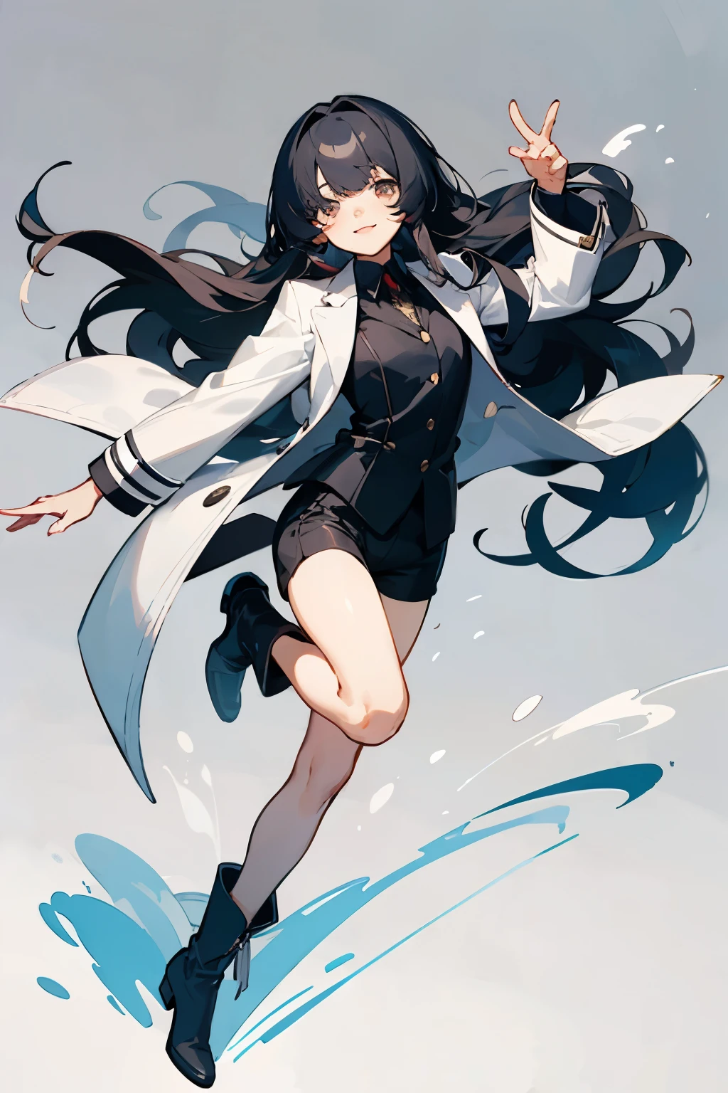 Medium Layer Cut,outside spring,bangs center parting,black hair,black suit,Like casino staff,Shorts,white coat,black boots,Drooping eyes,Round eyes,White eyes,smile,cute,White base,whole body,1 person