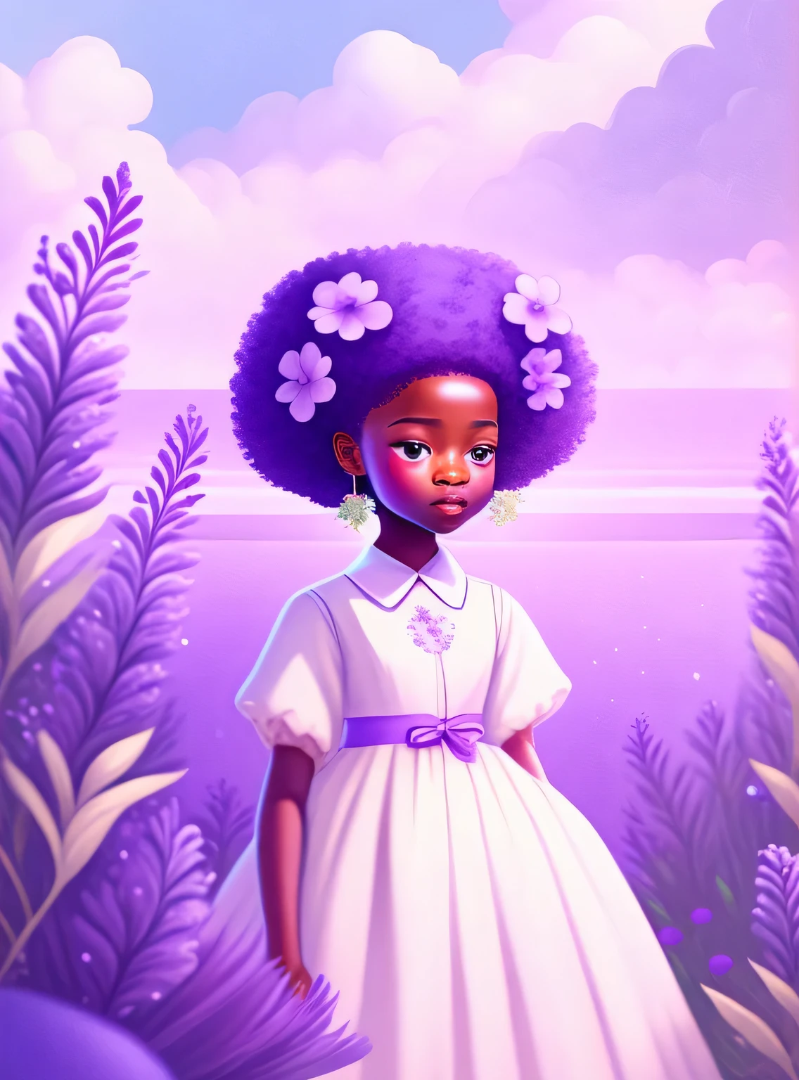 mar de flores de lavanda,There is a beautiful afro girl in a white dress,graphic design style,Obras de mestres