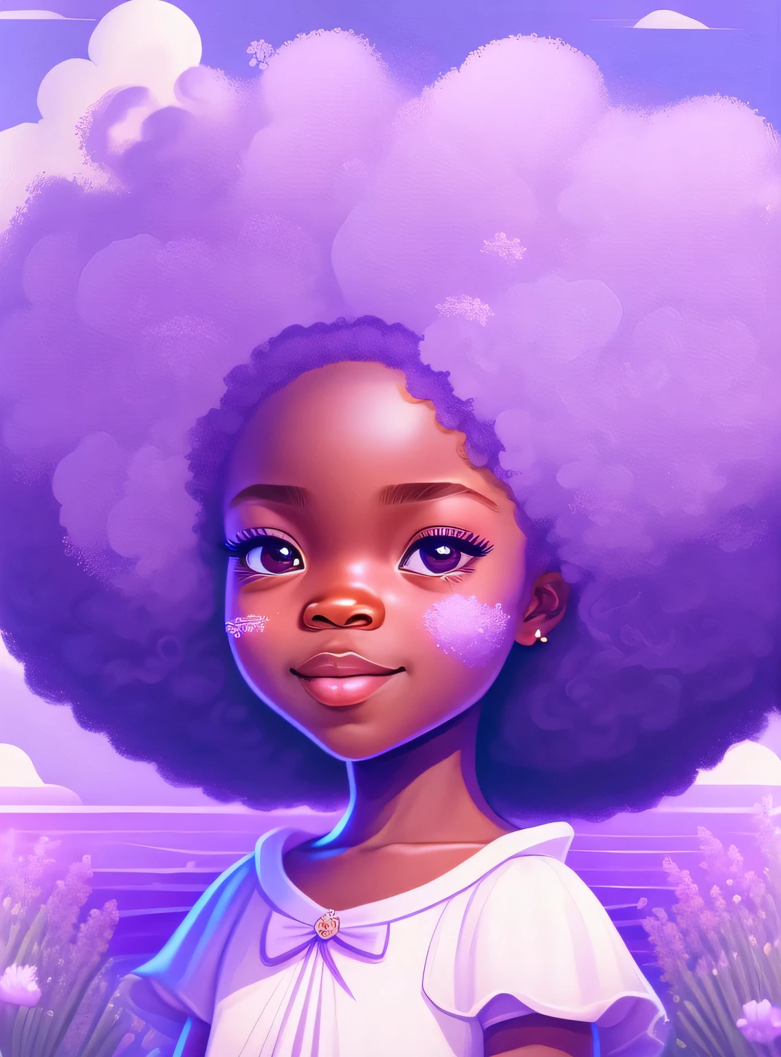 barnet, Nana, The Girl of Orixá, (((child smiling))),sorrindo,dentes brancos,(((Sorriso aberto))), happy child, deusa das aguas paradas, Ioruba, Yoruba deity, olhar de menina, sensivel, sorrindo, belo, Props in shades of lilac, vestindo um ade detalhado e intrincado, cosmic goddess,Afrofuturista, lilac background