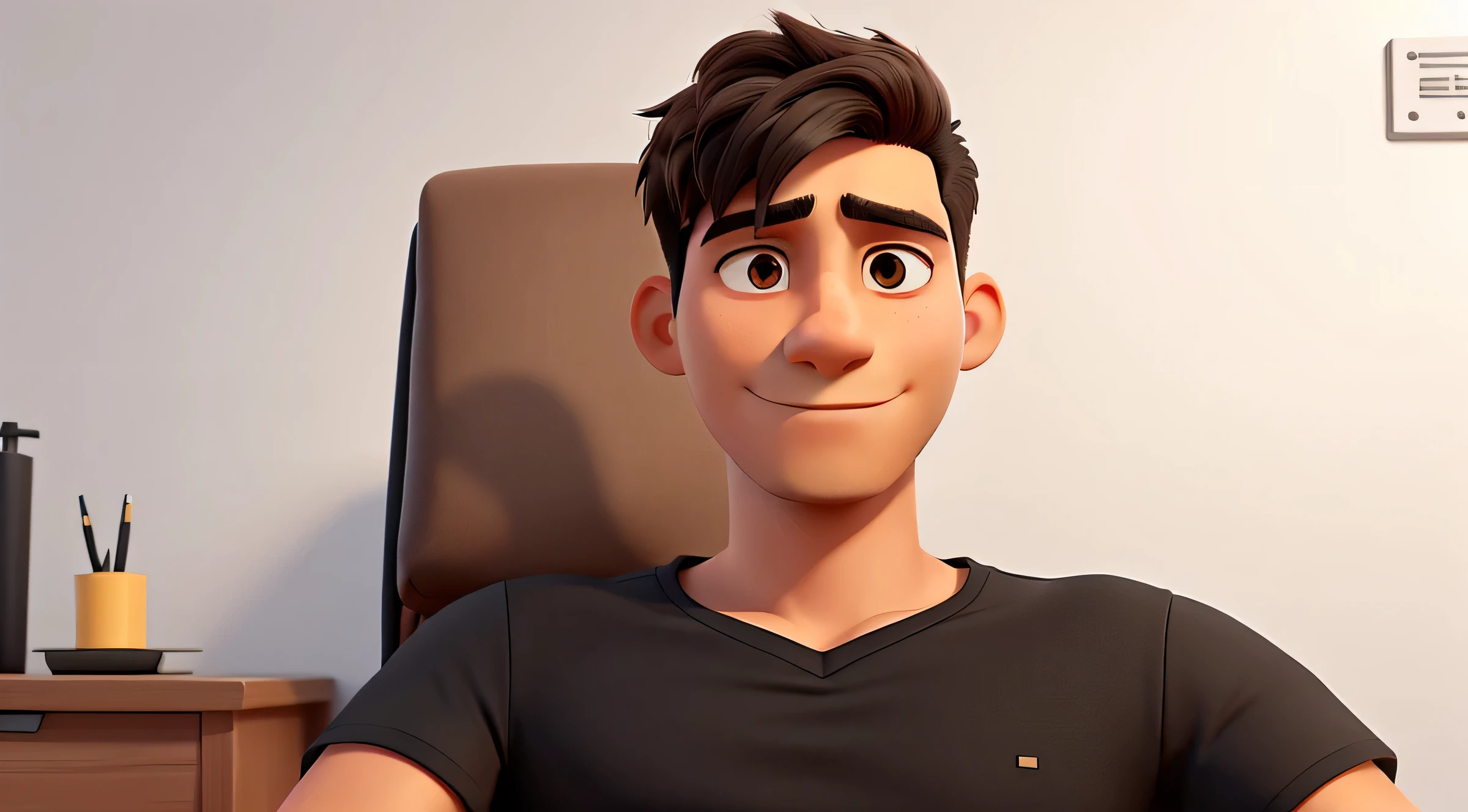 Homem com camisa preta, not smiling, cor marrom, cabelo preto curto