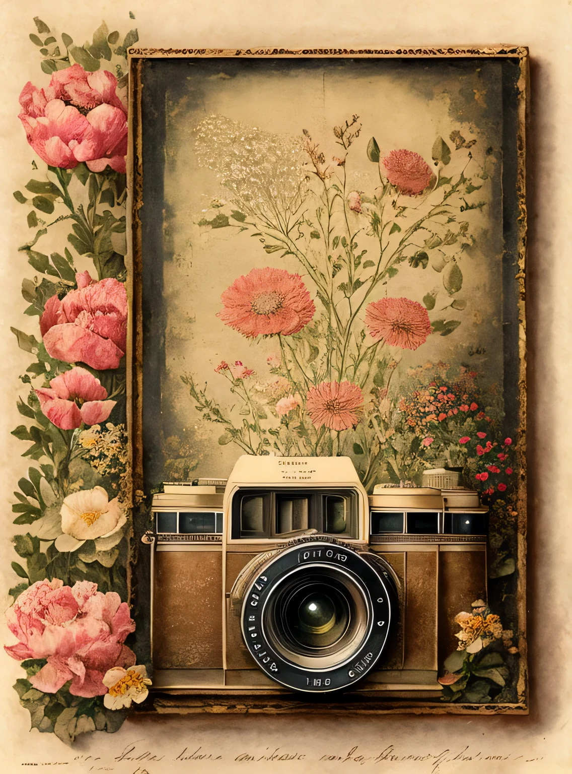 Lithograph sketch realistic portrait of a vintage camera in the center, rodeado de flores, textura de papel antigo, altamente detalhado