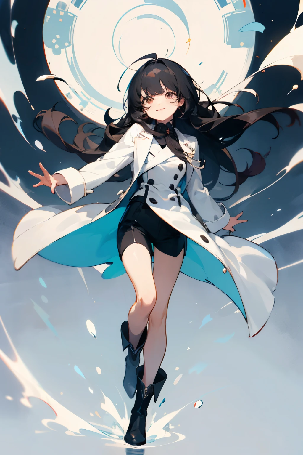 high layer cut，outside spring，bangs center parting，black hair，black suit，Like casino staff，Shorts，white coat，black boots，Drooping eyes，Round eyes，White eyes，smile，cute，White base，whole body