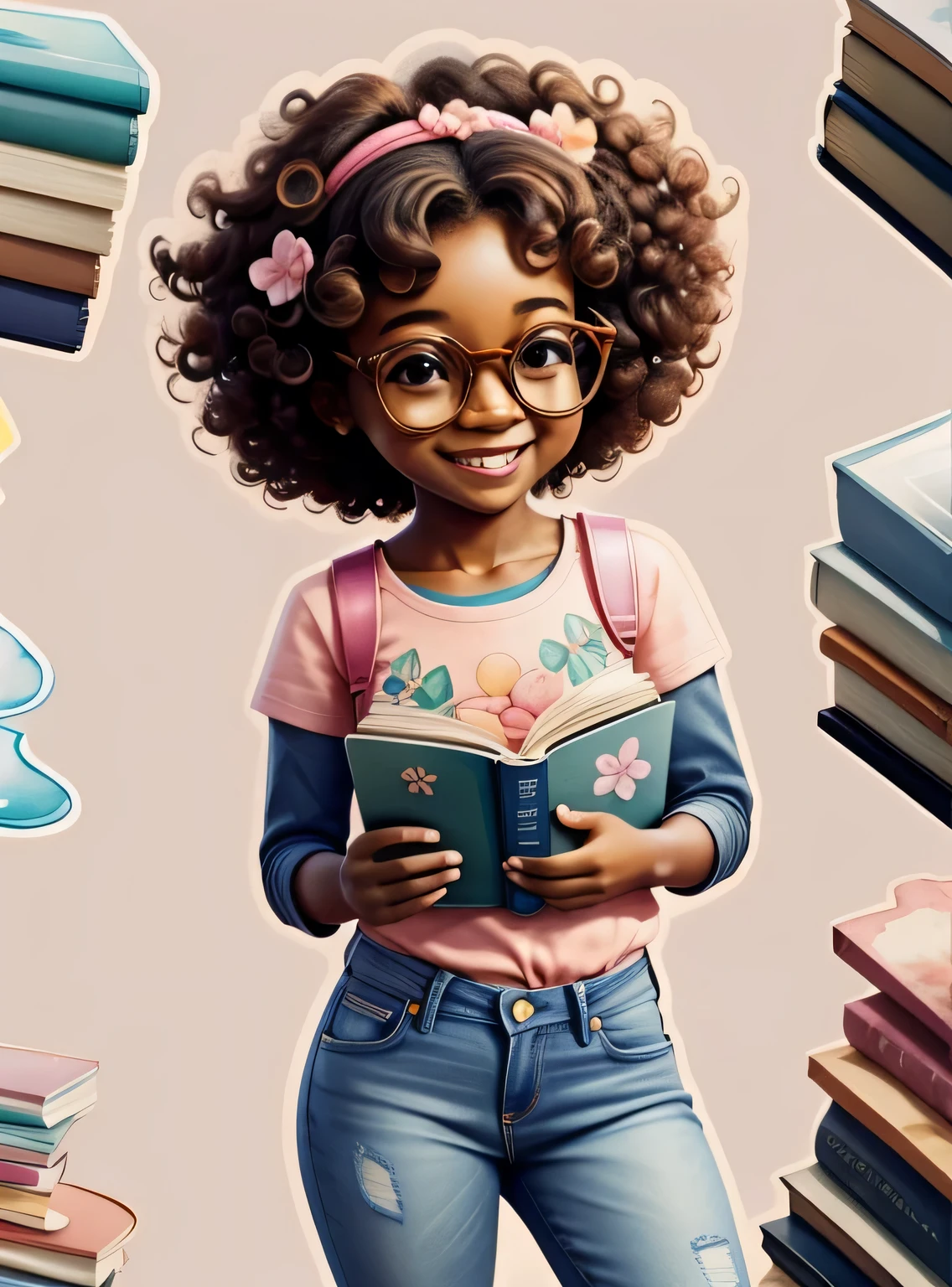 Generate image of a bonitinho African with glasses, curly hair standing full body, ansioso, segurando livros em aquarela, sorridente;, jeans e camiseta floral rosa, alta qualidade, com fundo png, 16K, clear image , bonitinho,