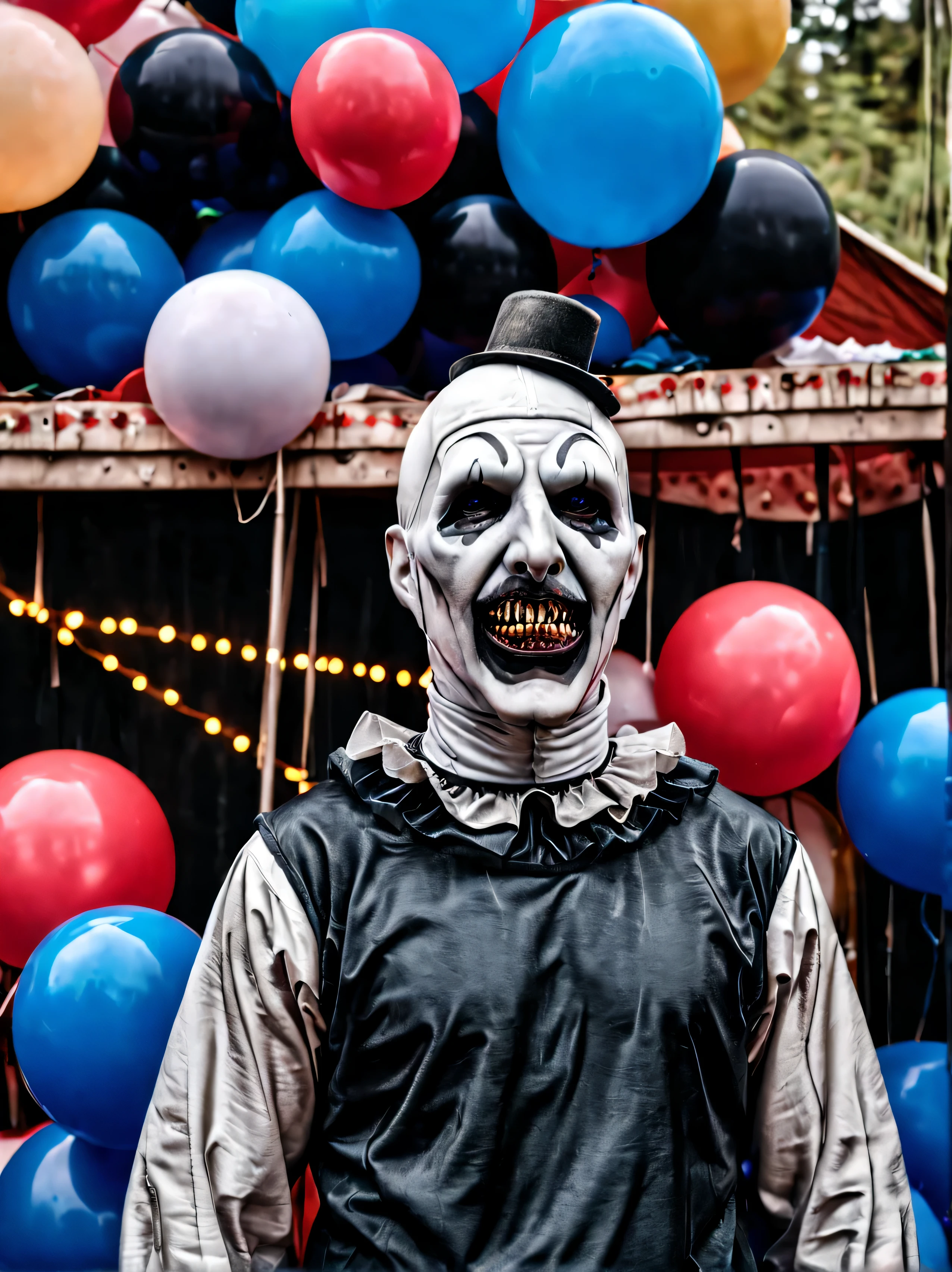 Art1024 portrait of a scary man  in an abandoned scary circus balloons desolate trash. 35mm photograph, film, bokeh, professional, 4k, highly detailed, high saturation