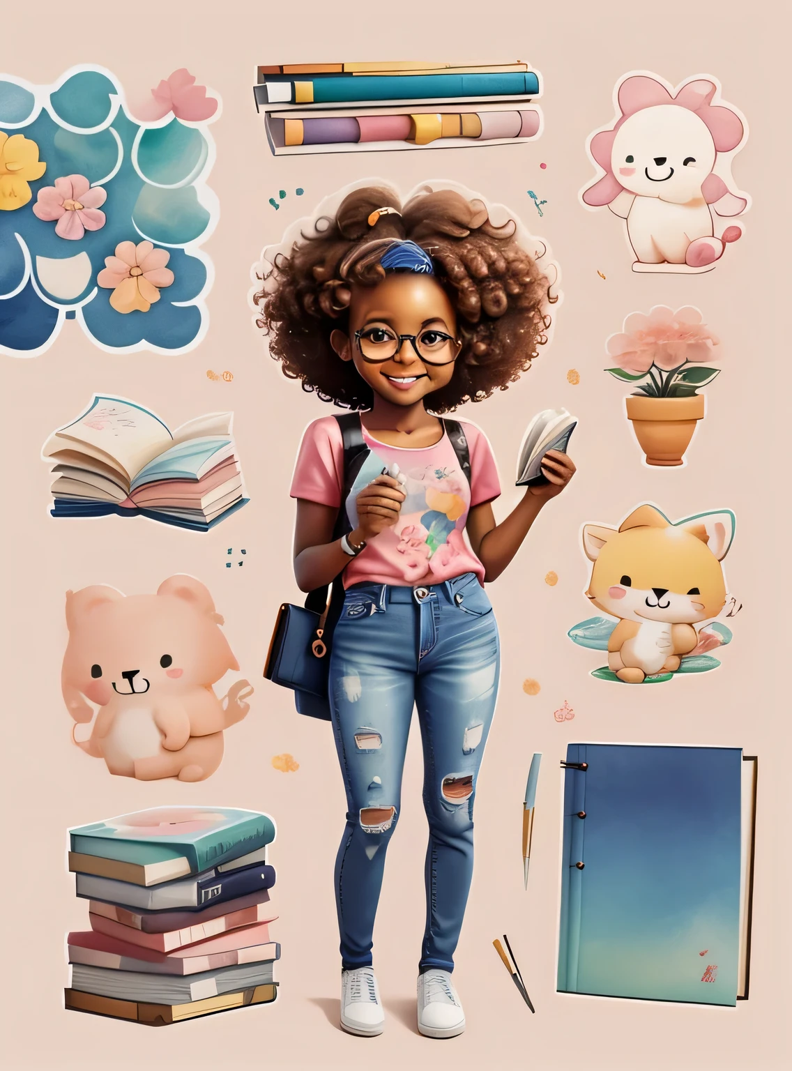 Generate image of a bonitinho African  with glasses, curly hair standing full body, ansioso, segurando livros em aquarela, sorridente;, jeans e camiseta floral rosa, alta qualidade, com fundo png, 16K, clear image , bonitinho, 