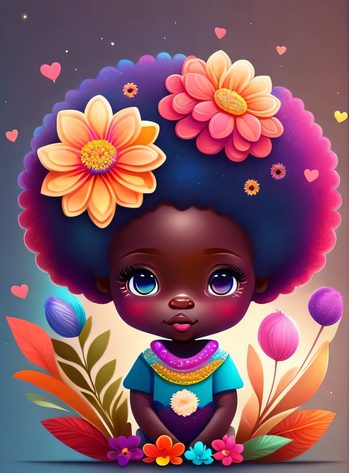 the colorida abstract of cute little afro fairy and flowers, (colorida,altamente detalhado,arte vetorial)