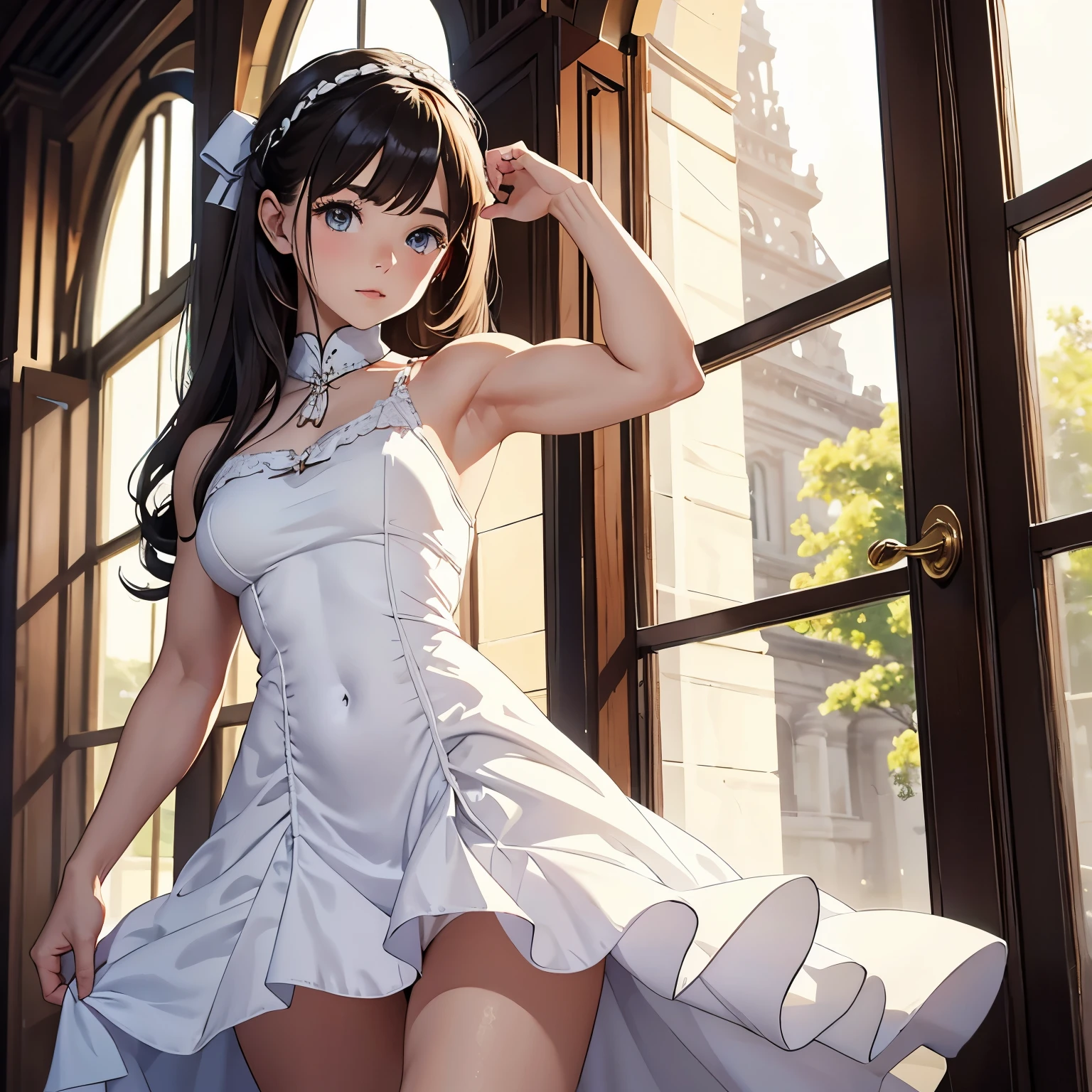 Cute, shy, adult girl, she is wearing a white aristocrat dress, she is flexing her little shredded muscular biceps.