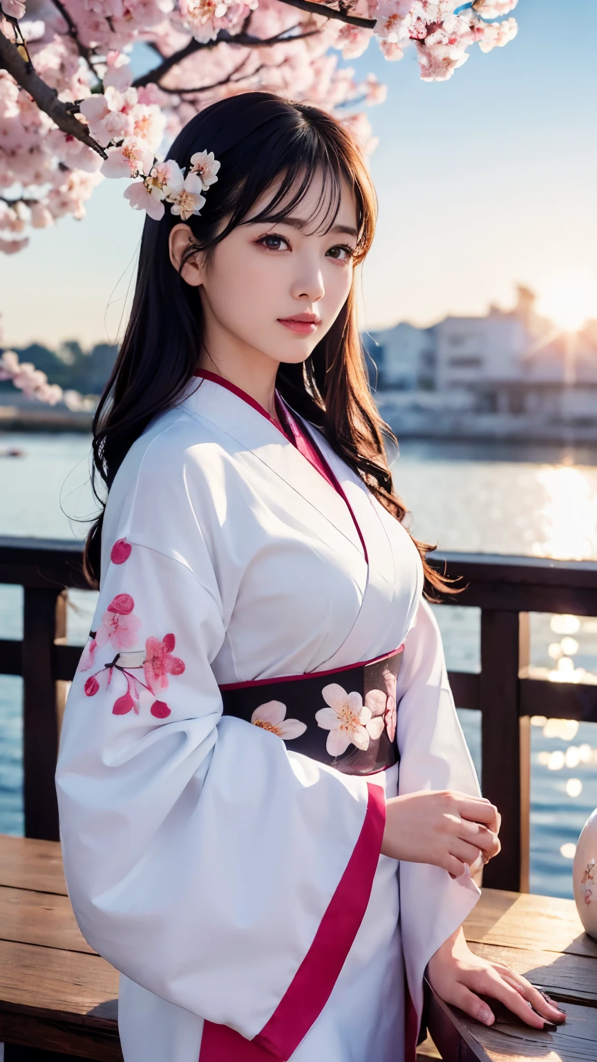 (logo、masterpiece、8k、table top、RAW photo、wonderful、最high quality、Photorealistic and hvery detailed CG integrated 8k wallpaper、high quality、very detailed、narrative poem、particle effects、dynamic effects、Depth of the bounds written、cinematic light、Lens flare、ray tracing)、fantasy、 (1 beautiful woman、white kimono、Japan Dresses、white cherry blossom pattern、White cherry blossom embroidery pattern、black haired、beautiful face、real face、beautiful details eyes beautiful skin)、Hair flutters in Wind、hair bounces、pink cherry tree、petals dance、SakuraFubuki、Spectacular view、sunrise、sun on background、Wind、god々、tooth、god話、vast land