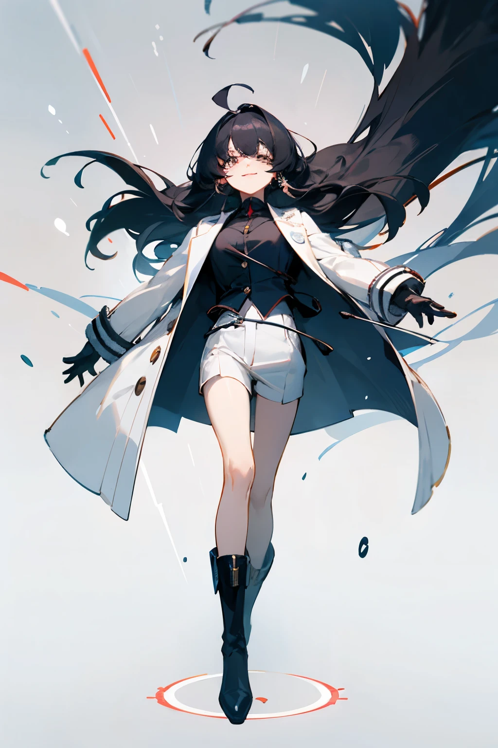 high layer cut，outside spring，bangs center parting，black hair，black suit，Like casino staff，Shorts，white coat，black boots，Drooping eyes，Round eyes，White eyes，smile，cute，White base，whole body