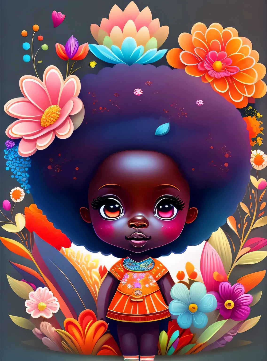 the colorida abstract of cute little afro fairy and flowers, (colorida,altamente detalhado,arte vetorial)