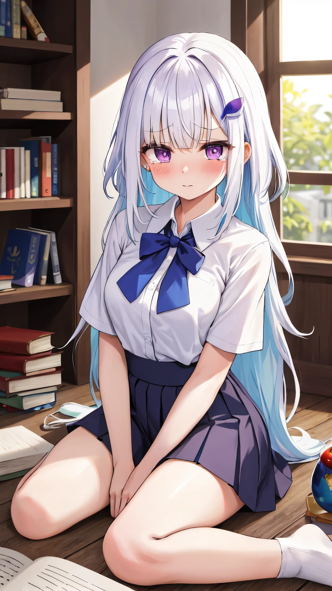 One girl with long hair, bangs, white hair, blue inner hair:1.25) , purple eyes, looking at viewer, blushing, embarrassed, tears, indoor, bookshelf, window, in floor, books spreads, spread legs, kneeling pose, sitting, white shirt, bowtie, pleated skirt, short sleeves, bare legs, mid-chest, day atmosphere, hair ornament, medium breasts, focus, blurry background, 